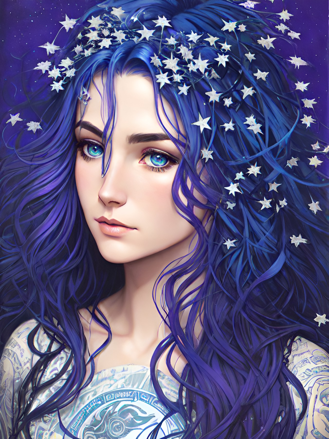 indigo, blue, white and purple hair. long wavy hair. siren. black. white. fern. stars. preview