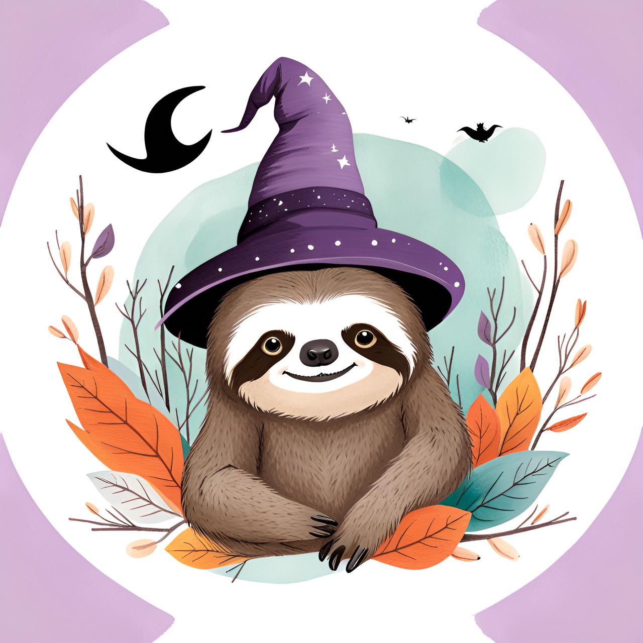 whimsical sloth with witches hat illustration , nursery style preview