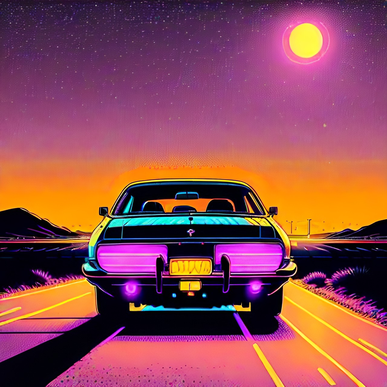 Futuristic Car - car on a deserted road at night. the only light comes from the car's headlights, shining on the dark asphalt. there is a feeling of isolation and loneliness. preview