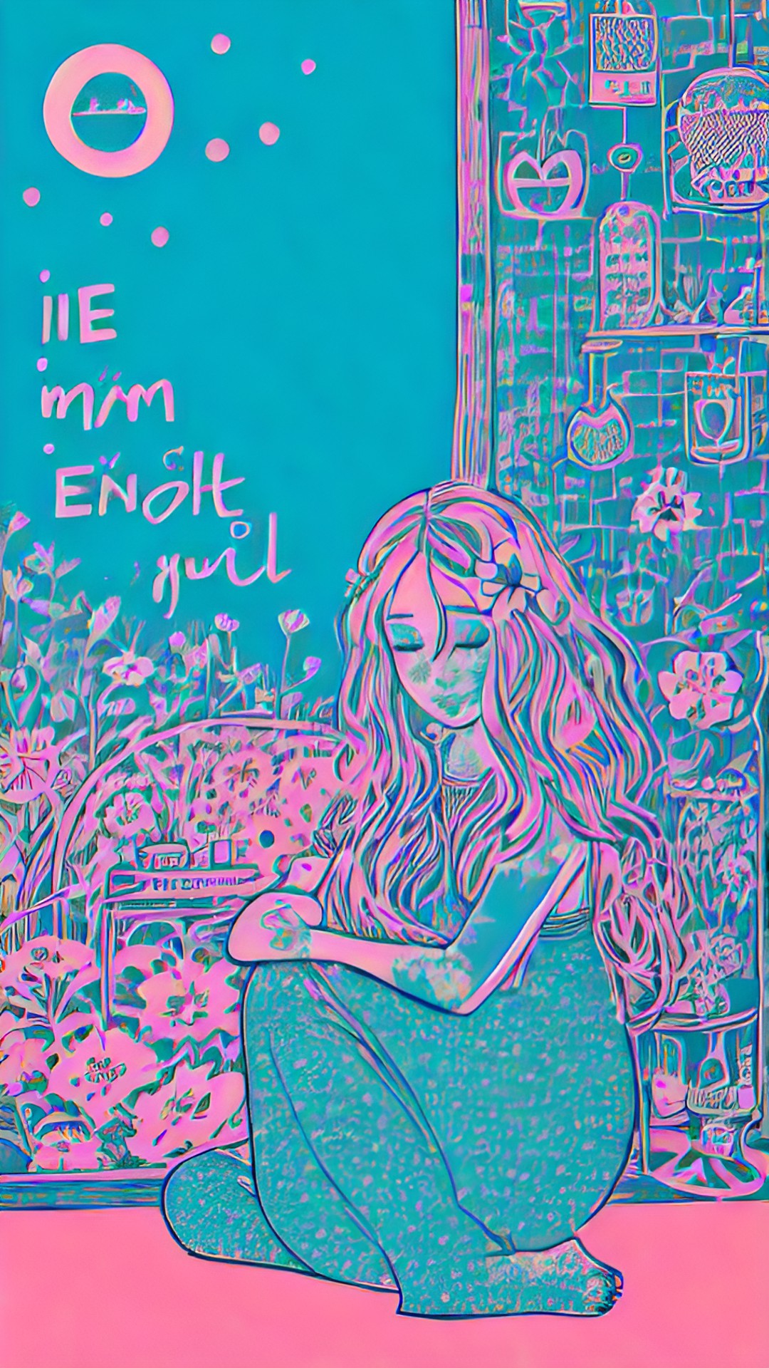 a woman's body sitted simple drawibg with only the lines, with the phrase "i am enough" written over it, a lottus flower in one corner, a shetland happy dog line in the corner other with a boho style and a light and medium blue and pink colors mostly preview