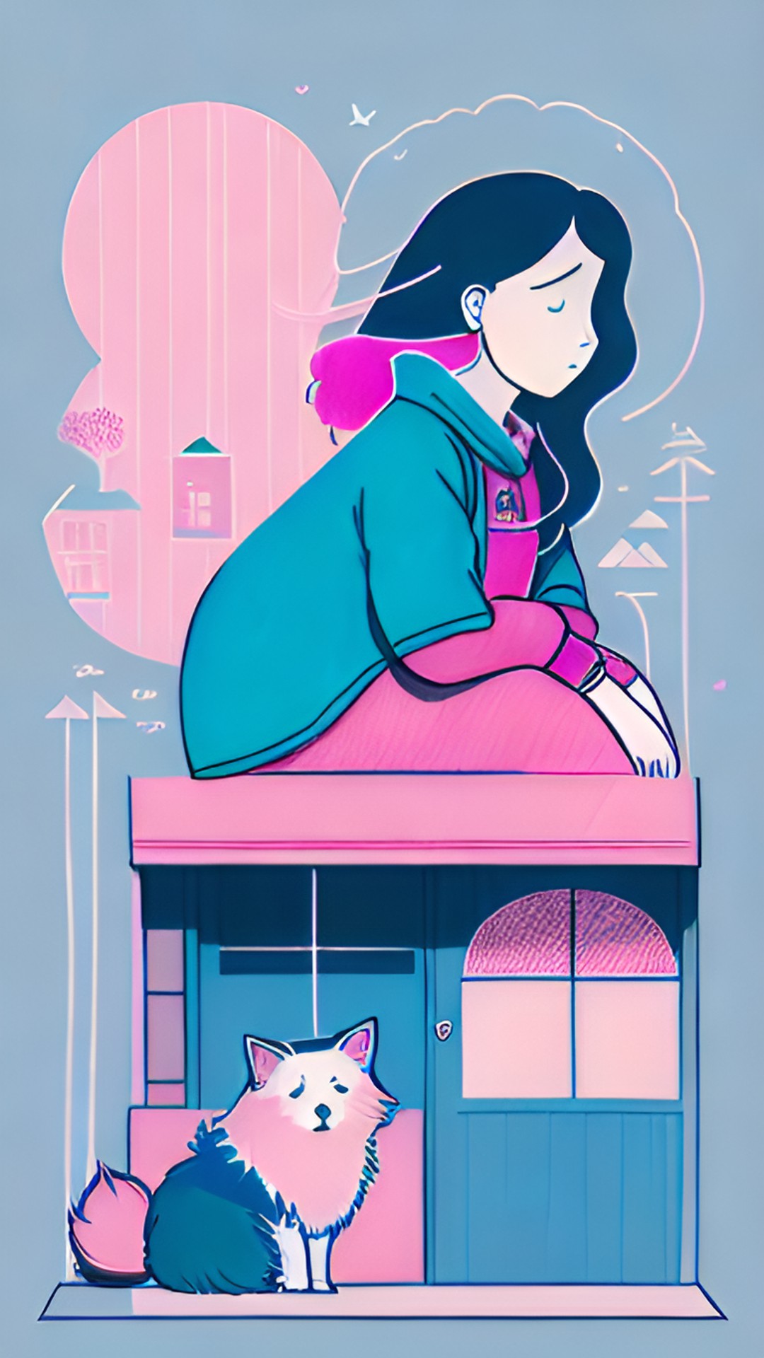 a woman's sitted in a simple drawing, some lottus in one corner, a shetland sheepdog in the corner other with a boho style and a light and medium blue and pink colors mostly preview