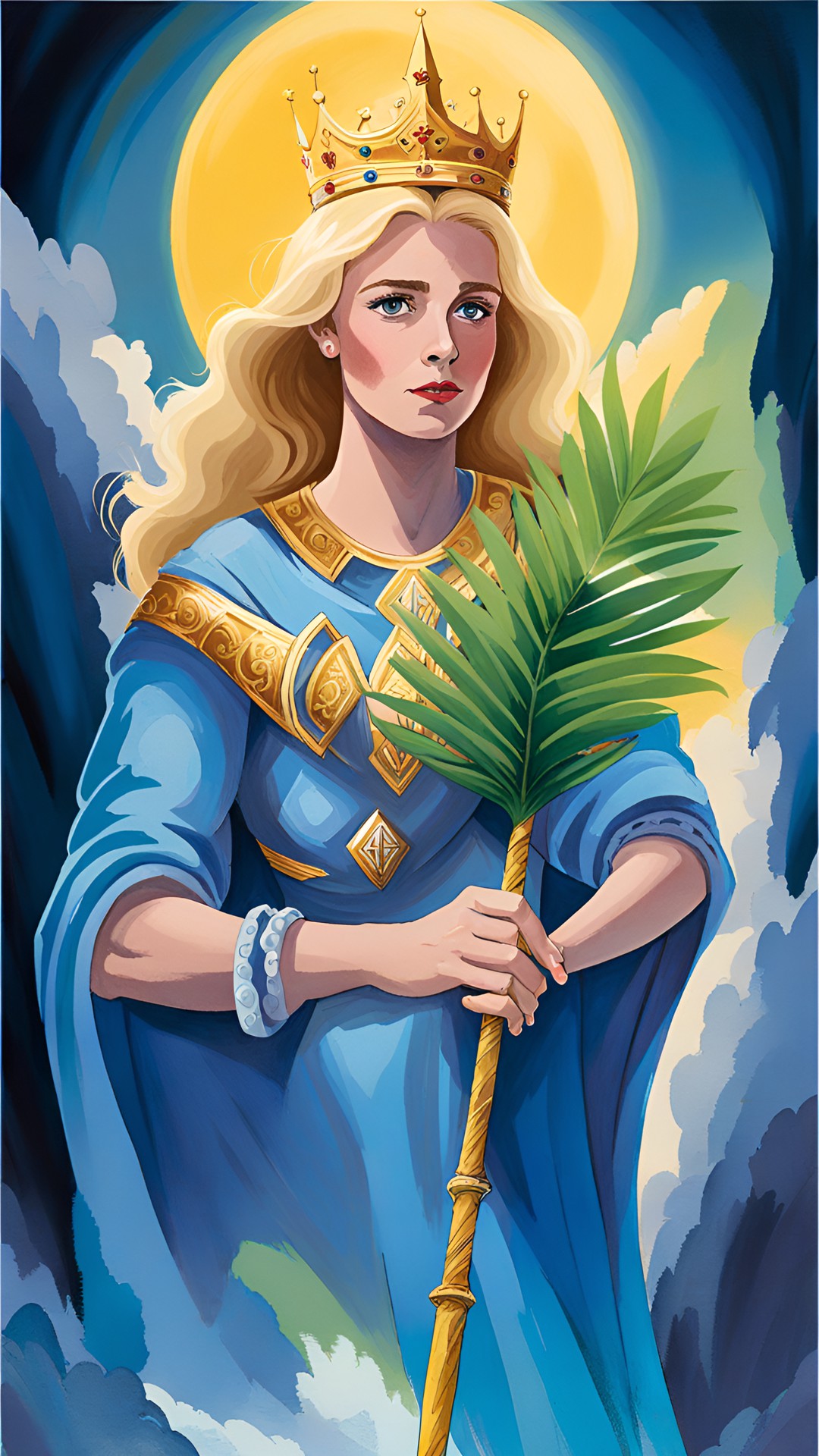 saint barbara, blonde hair, wearing a crown, holding a single leaf of a palm in her hand, holding a sword by the handle, wearing a blue tunic, dark sky with thunderbolt, highly detailed, fantasy art preview