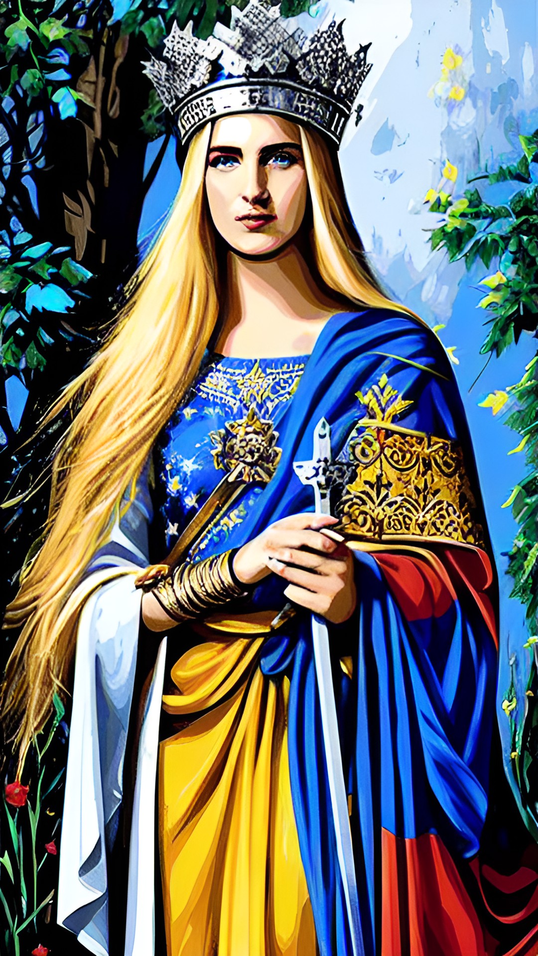saint barbara, blonde hair, wearing a crown, holding a single leaf of a palm in her hand, sword in her hand, wearing a blue tunic, dark sky with thunderbolt, highly detailed, fantasy art preview