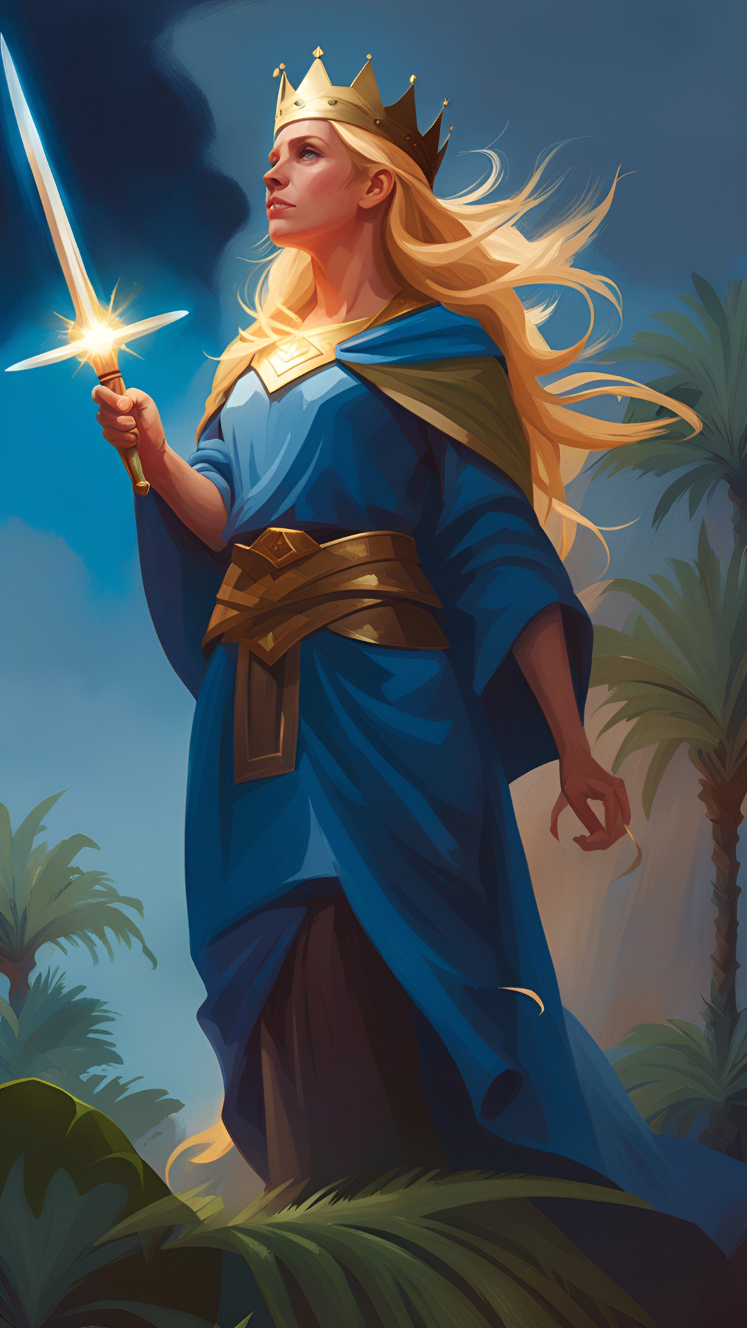 saint barbara, blonde hair, wearing a crown, holding a single leaf of a palm in her hand, sword in her hand, wearing a blue tunic, dark sky with thunderbolt, highly detailed, fantasy art preview