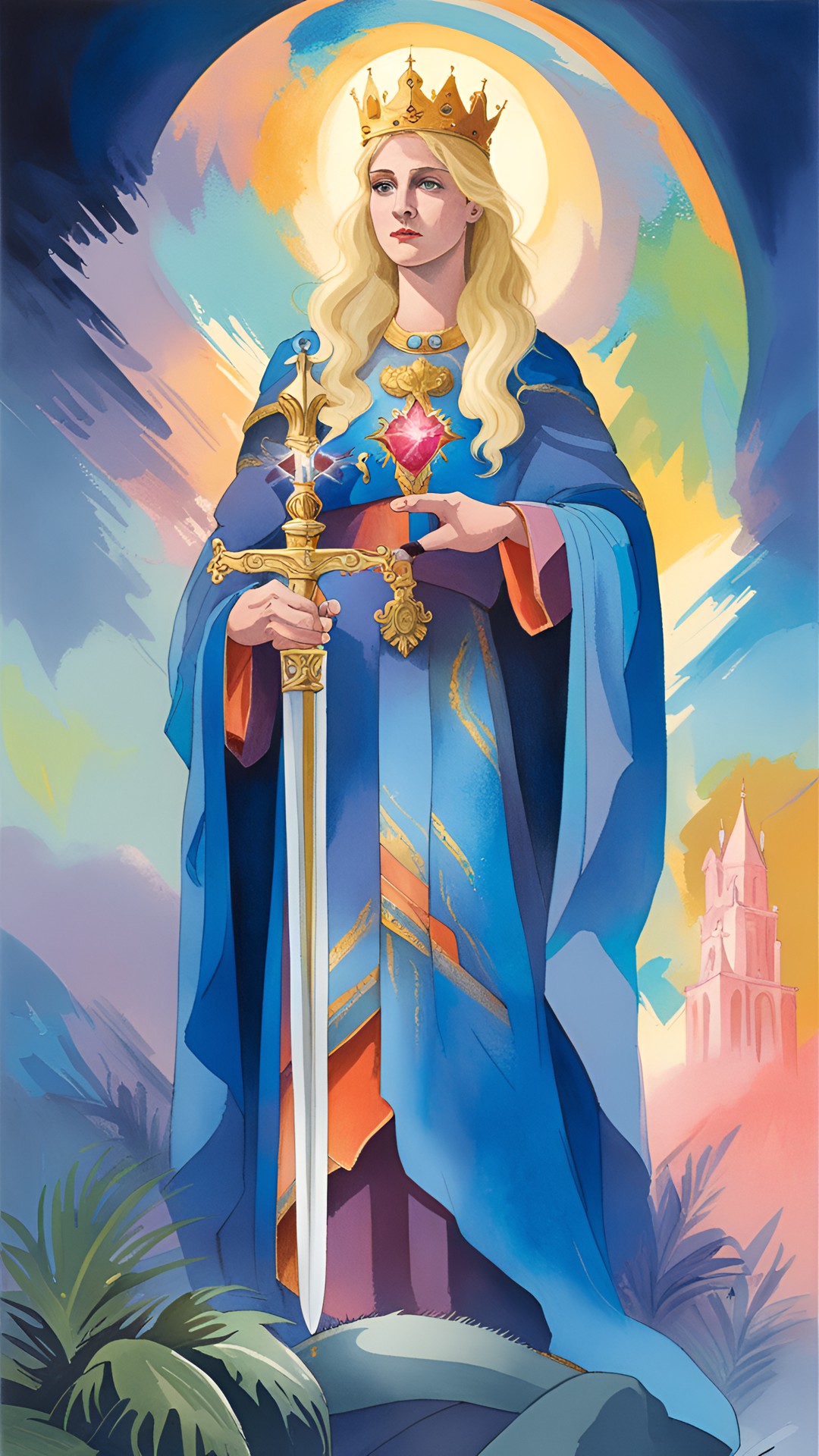 saint barbara, blonde hair, wearing a crown, holding a single leaf of a palm in her hand, sword in her hand, wearing a blue tunic, dark sky with thunderbolt, highly detailed, fantasy art preview