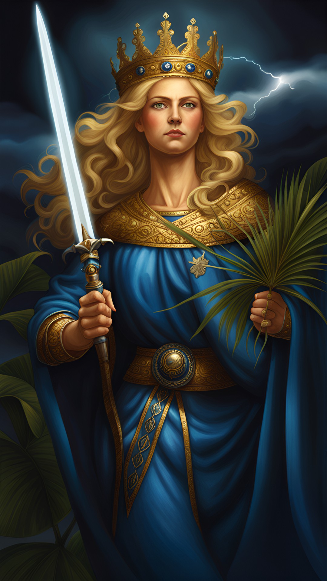 saint barbara, blonde hair, wearing a crown, holding a single leaf of a palm in her hand, sword in her hand, wearing a blue tunic, dark sky with thunderbolt, highly detailed, fantasy art preview