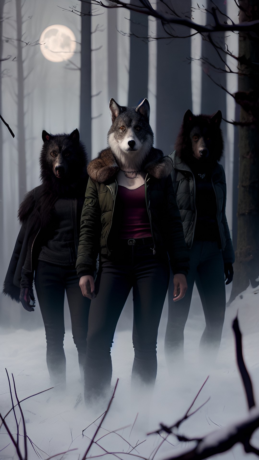 three women, becoming werewolves, fierce expressions, intense eyes, fur-covered bodies, sharp claws, powerful muscles, howling at the moon, moonlit forest, eerie atmosphere, glowing eyes in the darkness, shredded clothing preview