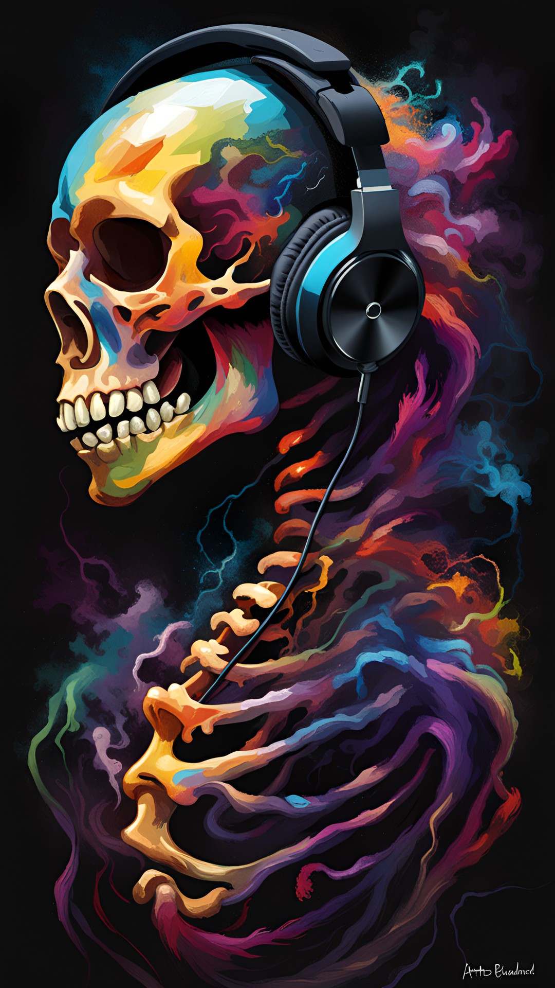 SkullListensToSongs - skeleton with headphones in
with black background preview