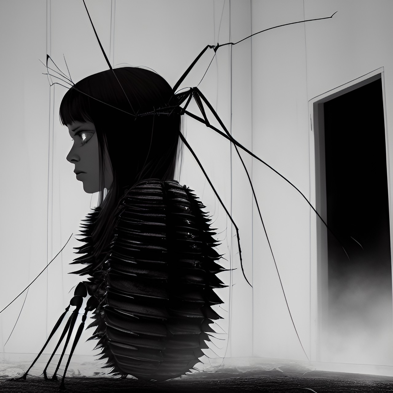 woman, solo, eerie transformation, metamorphosis, cockroach, insect-like features, exoskeleton, multiple legs, antennae, elongated body, eerie lighting, dimly lit room, crumbling walls, decaying furniture, shadows, fear in the woman's eyes, despair, intense expression, creepy crawlies, unsettling atmosphere, dark colors on all fours preview