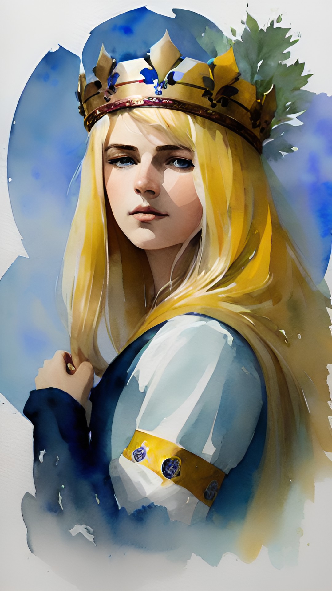 saint barbara, blonde hair, wearing a crown, holding a single leaf of a palm in her hand, sword in her hand, wearing a blue tunic, dark sky with thunderbolt, highly detailed, fantasy art preview
