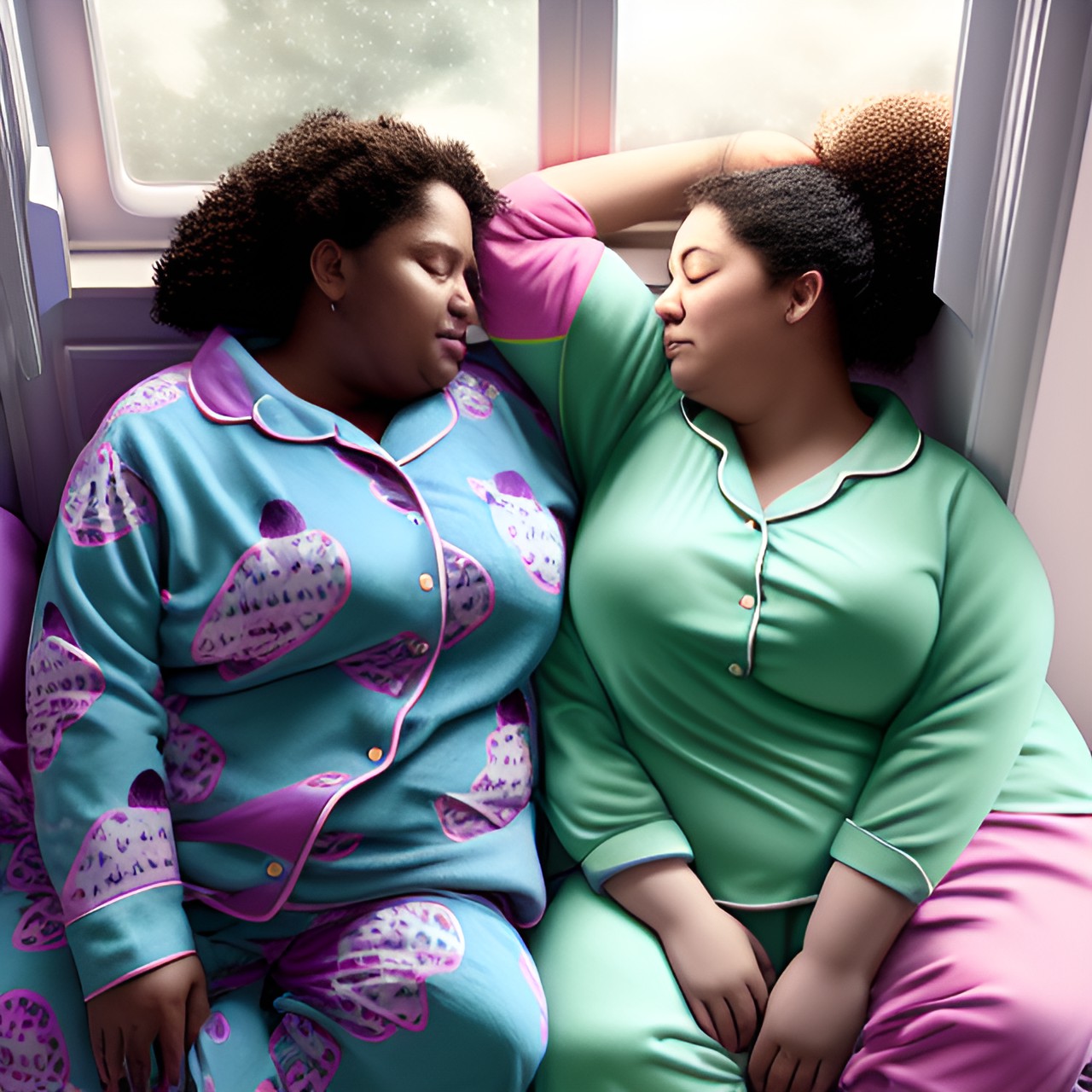 two women, obese, sleep, bed, comfortable, large size, pajamas, colorful patterns, messy hair, peaceful expressions, dimly lit room, soft lighting, cozy atmosphere, fluffy pillows, plush blankets, full moon outside the window, starry night sky, tranquil, serene, harmony preview