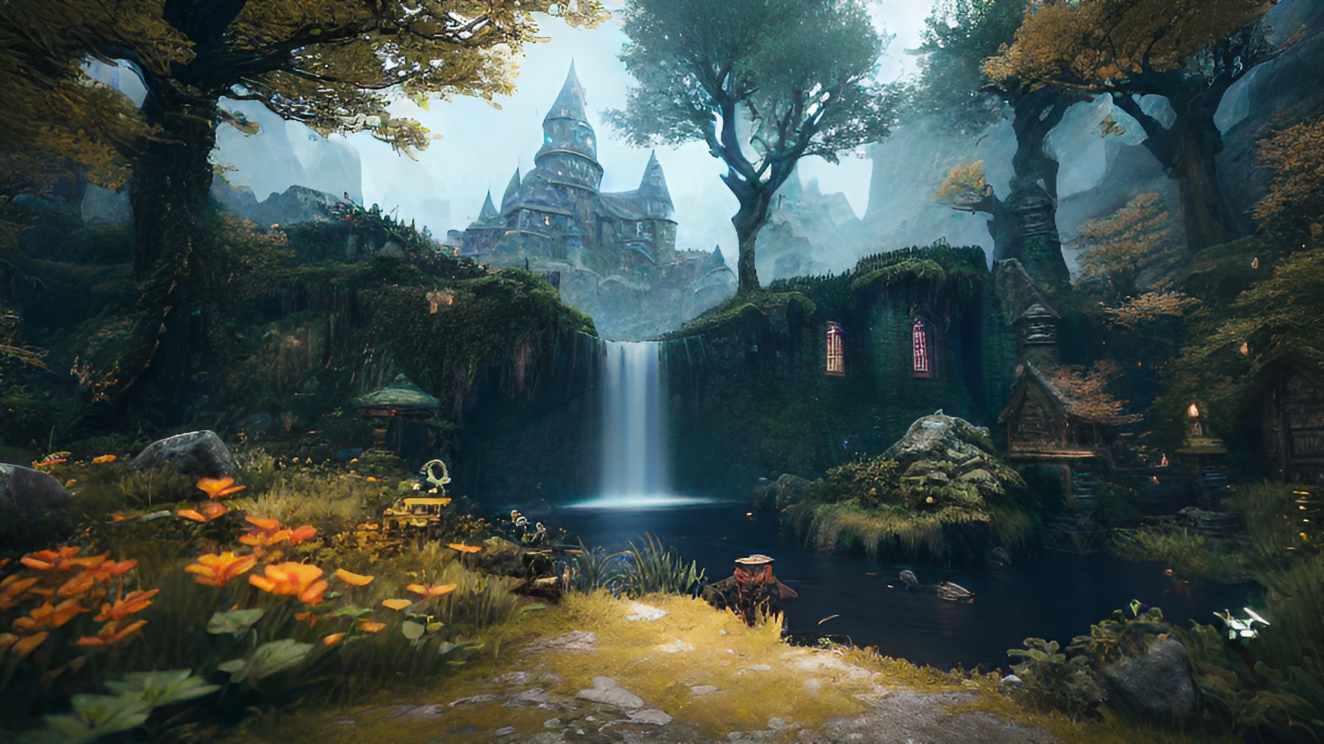 epic distand fantasy world, hight resolution, realistic light, soft shadow, ultra detail quality, dark atmosphere, full rgb, hdr, ray traycing, multiple layer, true color, waterfalls, castle and city with elder forest and mountain, unreal engine five render, maximum realistic image, fantasy movie style, magic lands in war preview