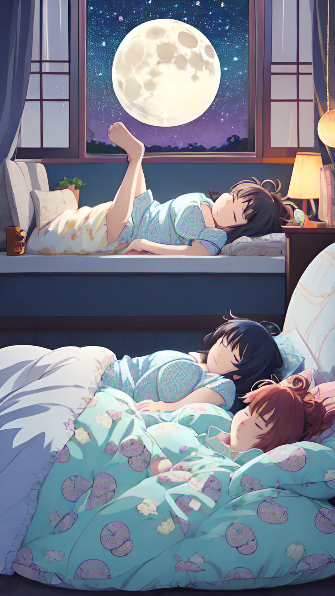 two women, obese, sleep, bed, comfortable, large size, pajamas, colorful patterns, messy hair, peaceful expressions, dimly lit room, soft lighting, cozy atmosphere, fluffy pillows, plush blankets, full moon outside the window, starry night sky, tranquil, serene, harmony preview