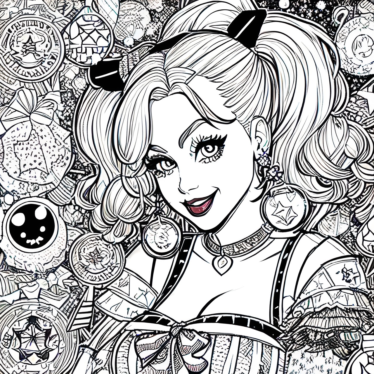 harley quinn christmas style coloring book page very detailed preview