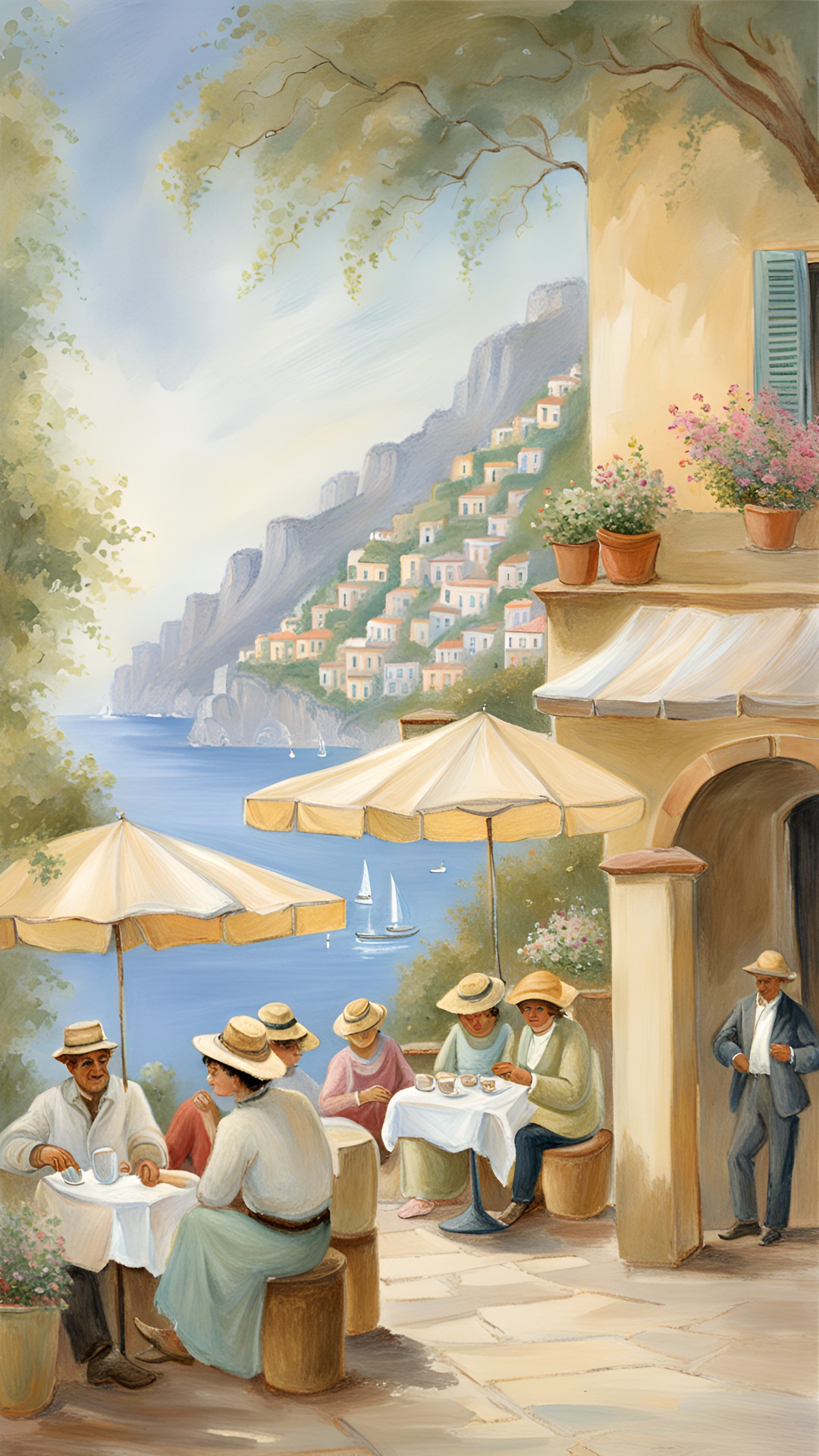 people at a cafe in positano  in style of helen allingham preview