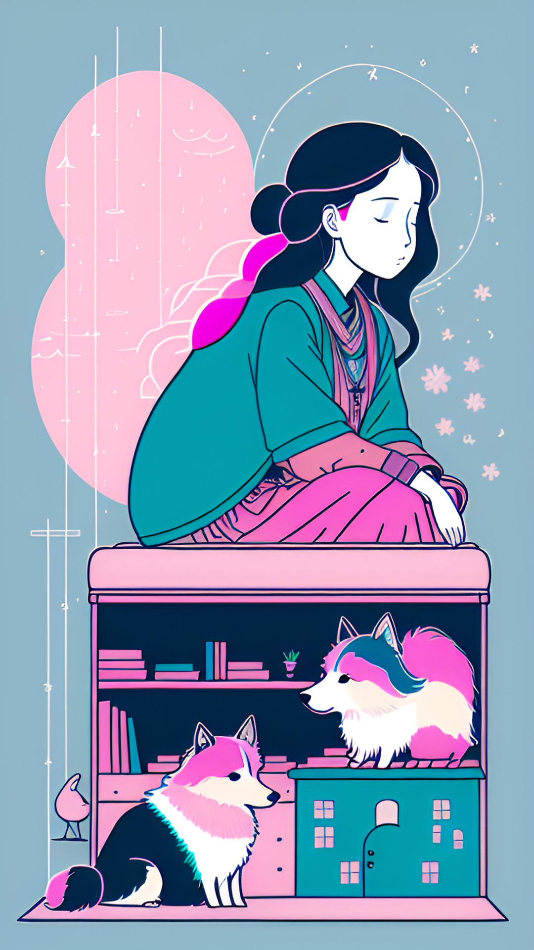 a woman's sitted in a simple drawing, some lottus in one corner, a shetland sheepdog in the corner other with a boho style and a light and medium blue and pink colors mostly preview