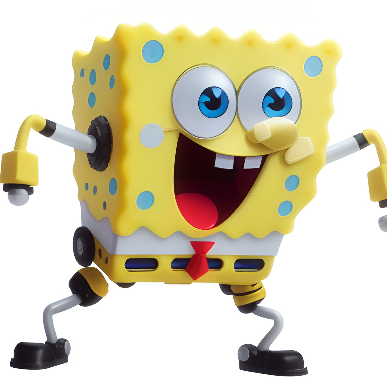 robot spongebob is a robotic version of spongebob squarepants. he is silver and has a square body. he has large eyes and a small mouth. he is wearing a red and white striped shirt. preview