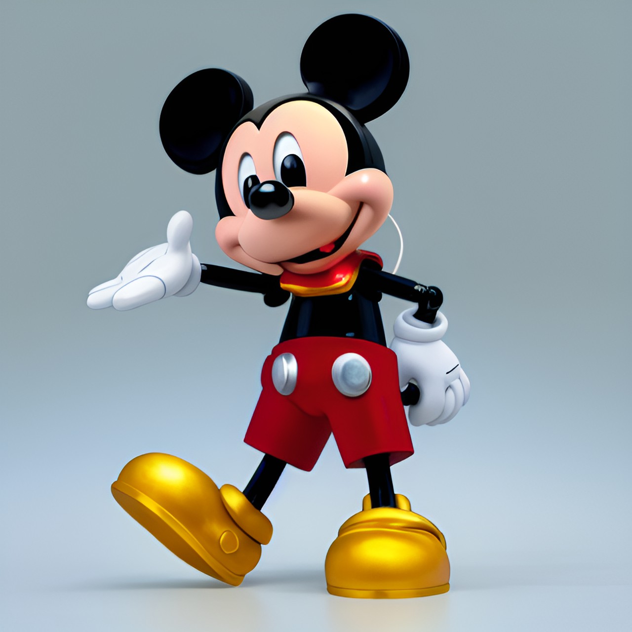 robot mickey mouse with a metal body and glowing red eyes. he stands upright like a human, but his head and ears are those of a mickey mouse. he looks like he's ready to take over the world! preview