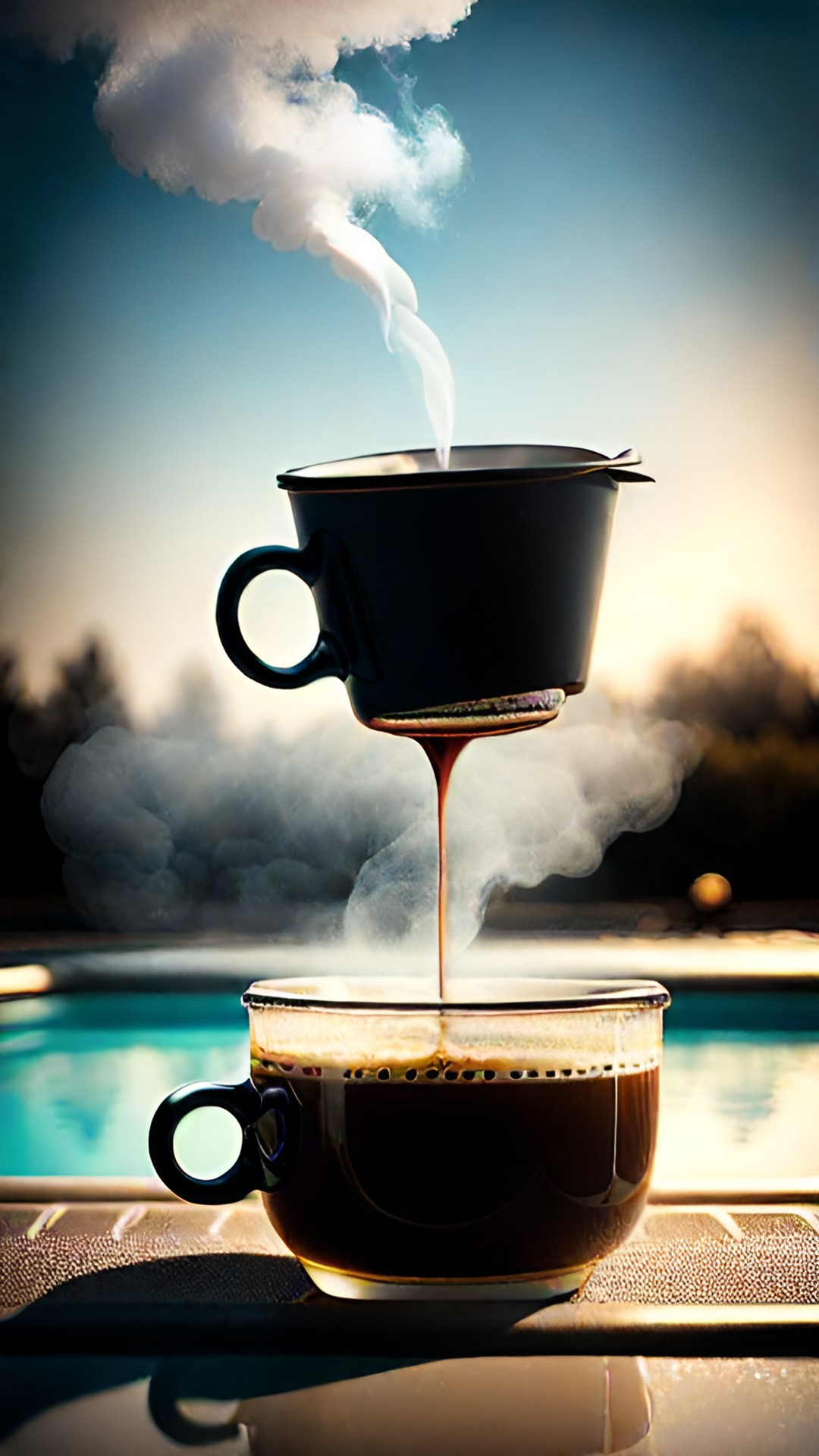 Just chillin’ - cup coffee from a gas station - cup of coffee from a gas station. the coffee is black and steam is rising from the cup. the background is out of focus. laying in a pool preview