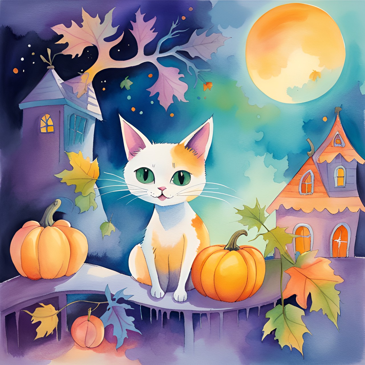 whimsical drawing ,spooky cat and pumpkin,illustration , nursery style preview