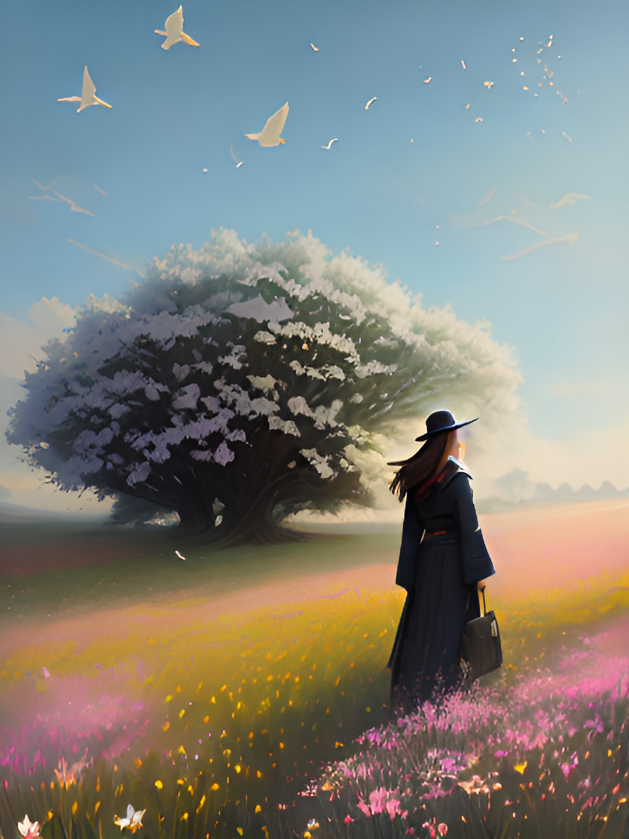 field of flowers with one bird like sain spirit preview