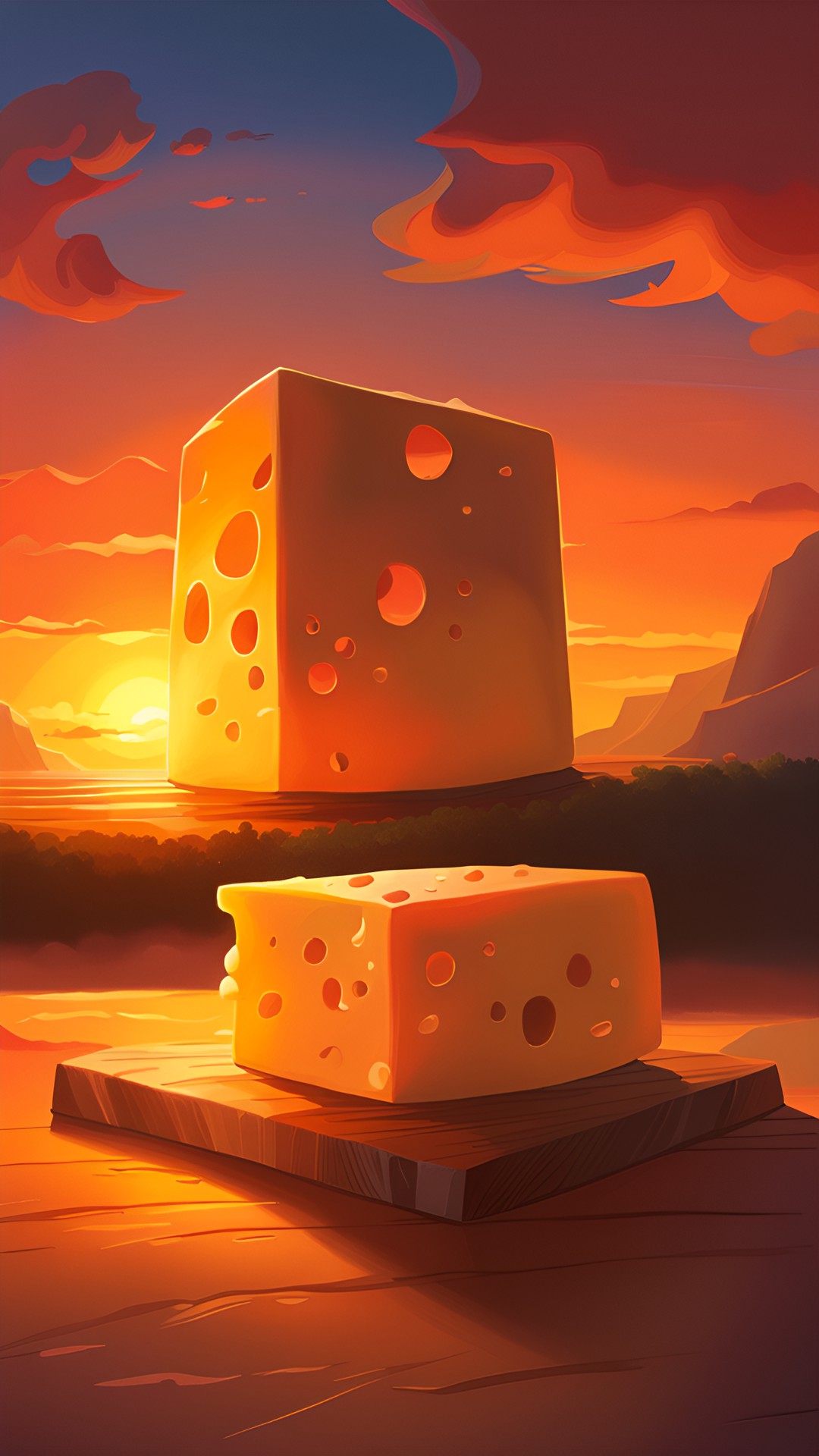 CHEESE - a block of cheese in the sunset ￼ - a block of cheese in the sunset, with a bright orange and red sky behind it. the cheese is golden and glows in the light of the setting sun. preview