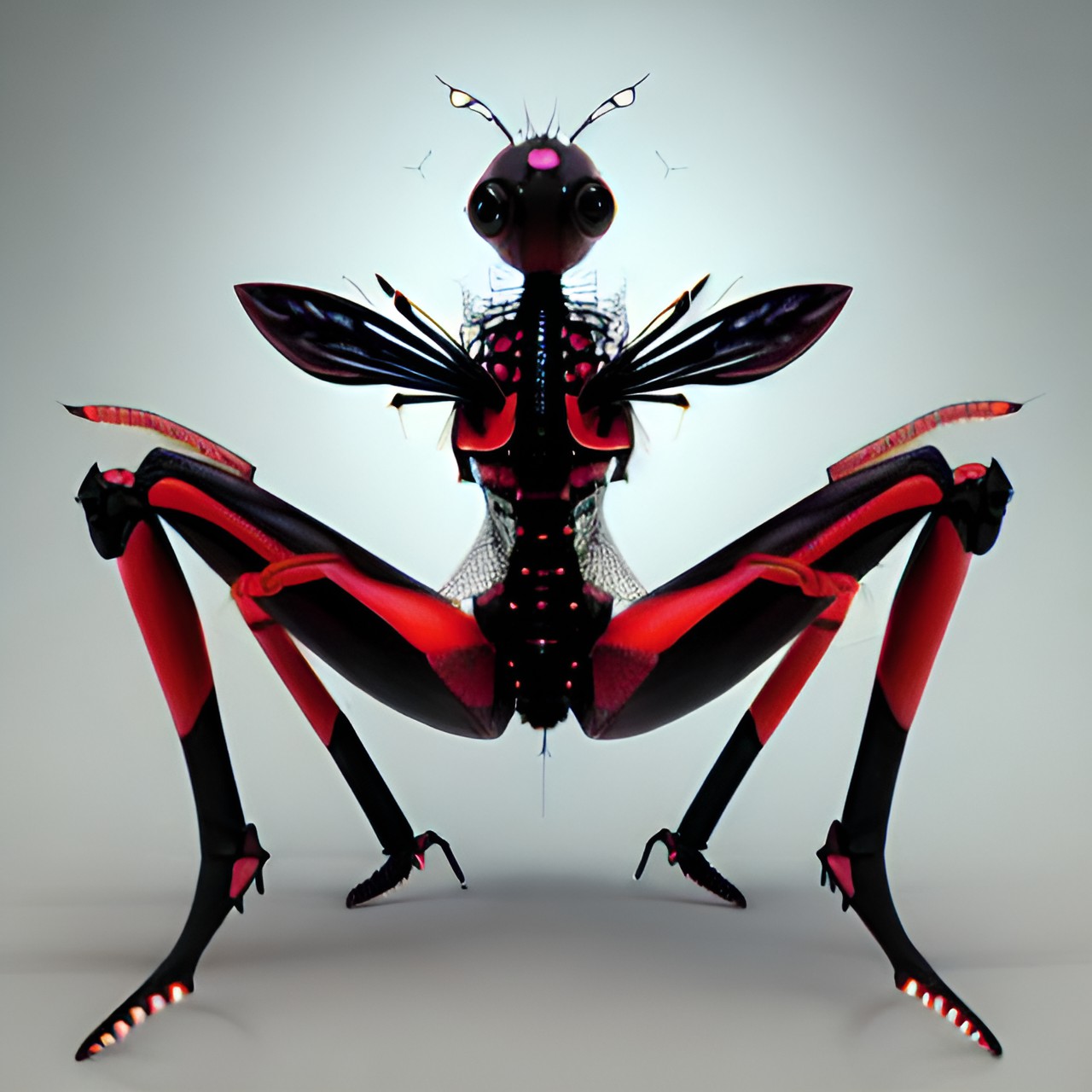 transformation, 1 woman, solo, ant, bizarre, metamorphosis, insect-like features, exoskeleton, multiple legs, antennas, compound eyes, elongated abdomen, crawling, detailed expression, astonishment, fear, intense lighting, dramatic shadows, dark background, abstract shapes, black and red color palette, eerie atmosphere, gradual transformation, surr preview