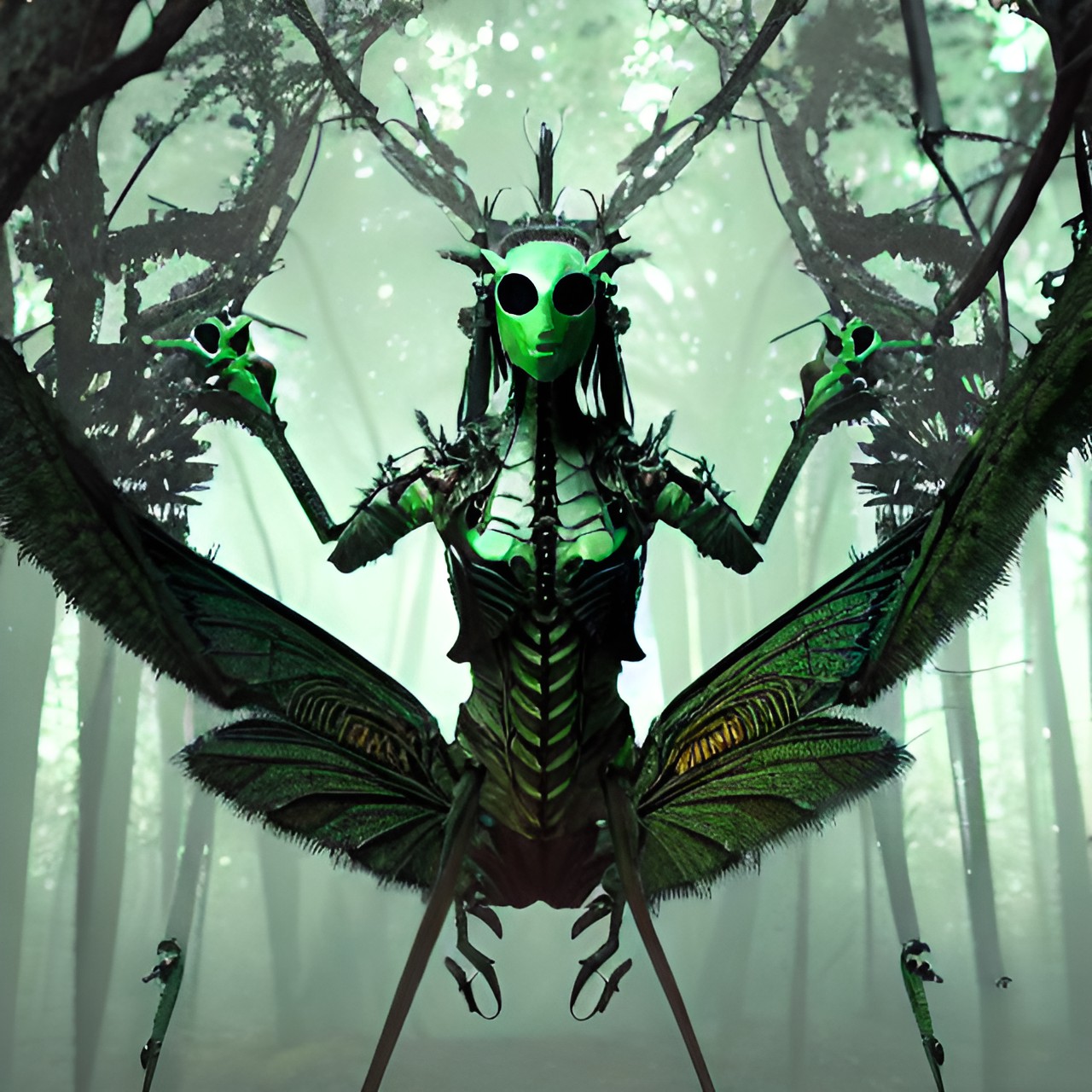 1 woman, solo, eerie, horror, sinister, insect, mantis, human anatomy, metamorphosis, green color scheme, claw-like hands, elongated limbs, compound eyes, sharp mandibles, torn clothing, tattered wings, creepy ambiance, moonlit forest, tangled vines, decaying tree trunks, misty atmosphere, intense lighting, dramatic shadows, unsettling pose, gradua preview