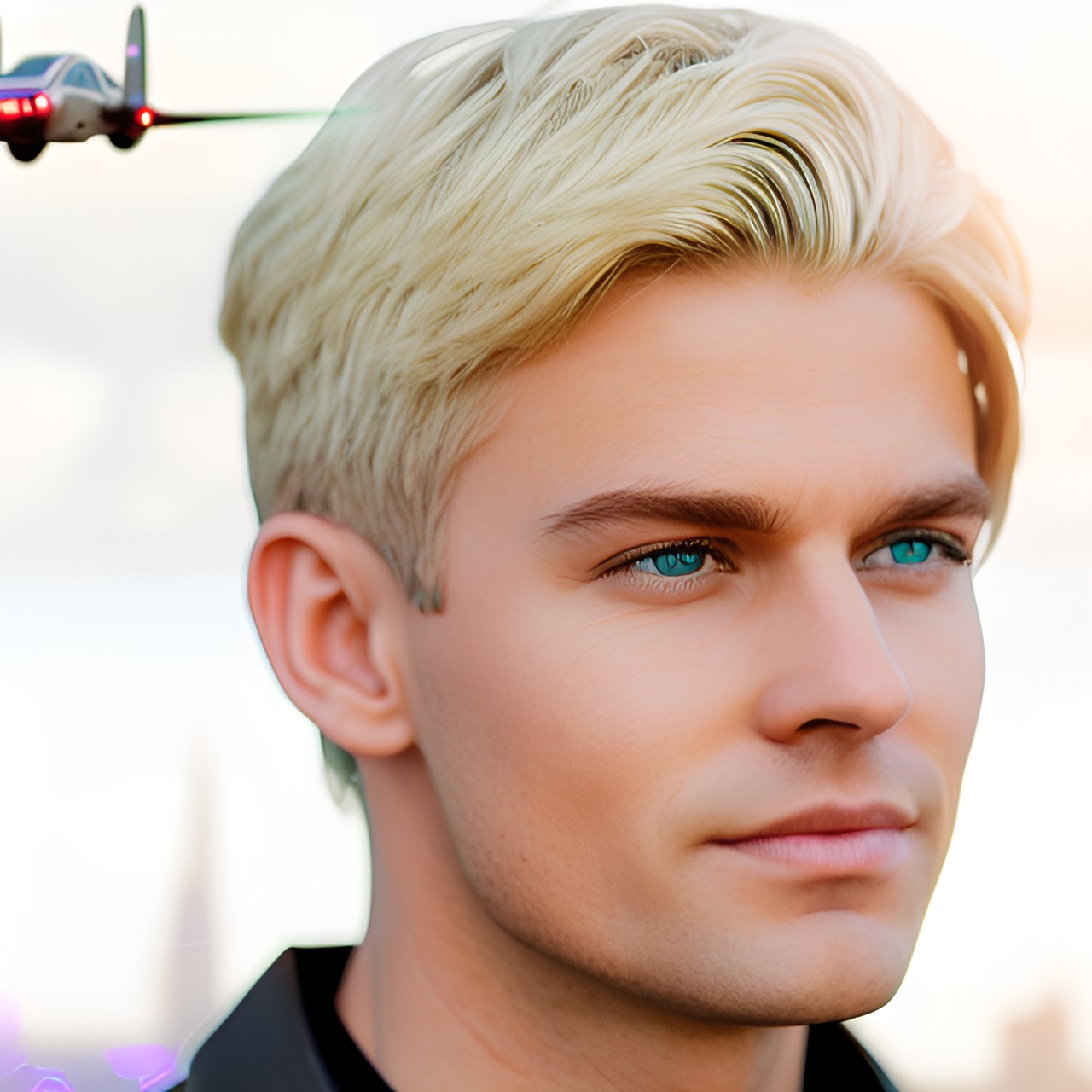 Wyatt - sci-fi background, futuristic, flying cars,  lasers, laser beams,  robots, ai, futuristic roads and highways - sci-fi background, with a city in the distance. in the foreground, there are flying cars, handsome blonde haired man, soldier, green eyes preview