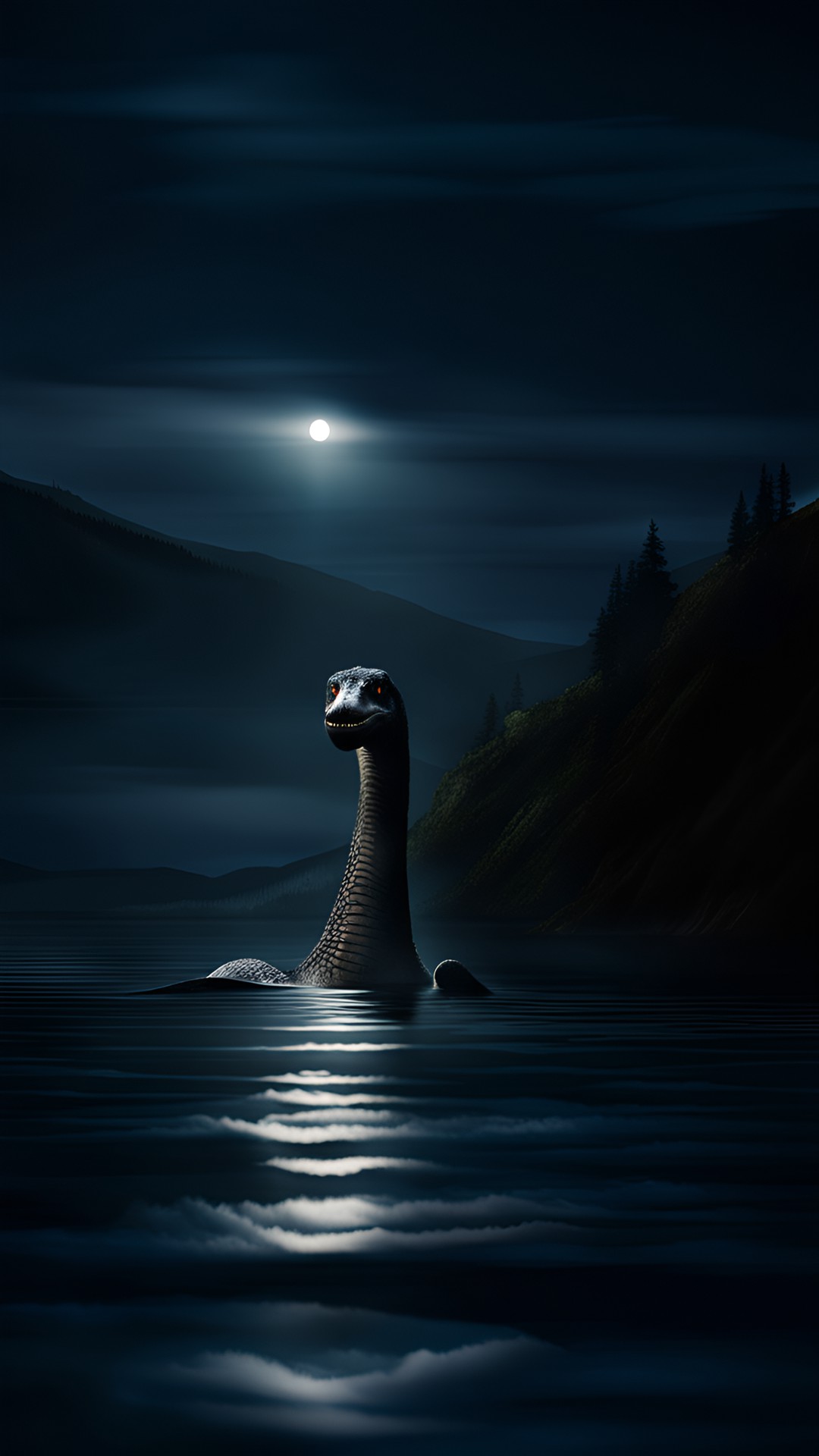 close up of loch ness monster  at night, caught in bright flash, over exposed preview