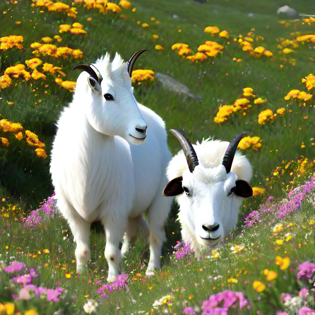 mountain goat head tilt confusion, flowers preview