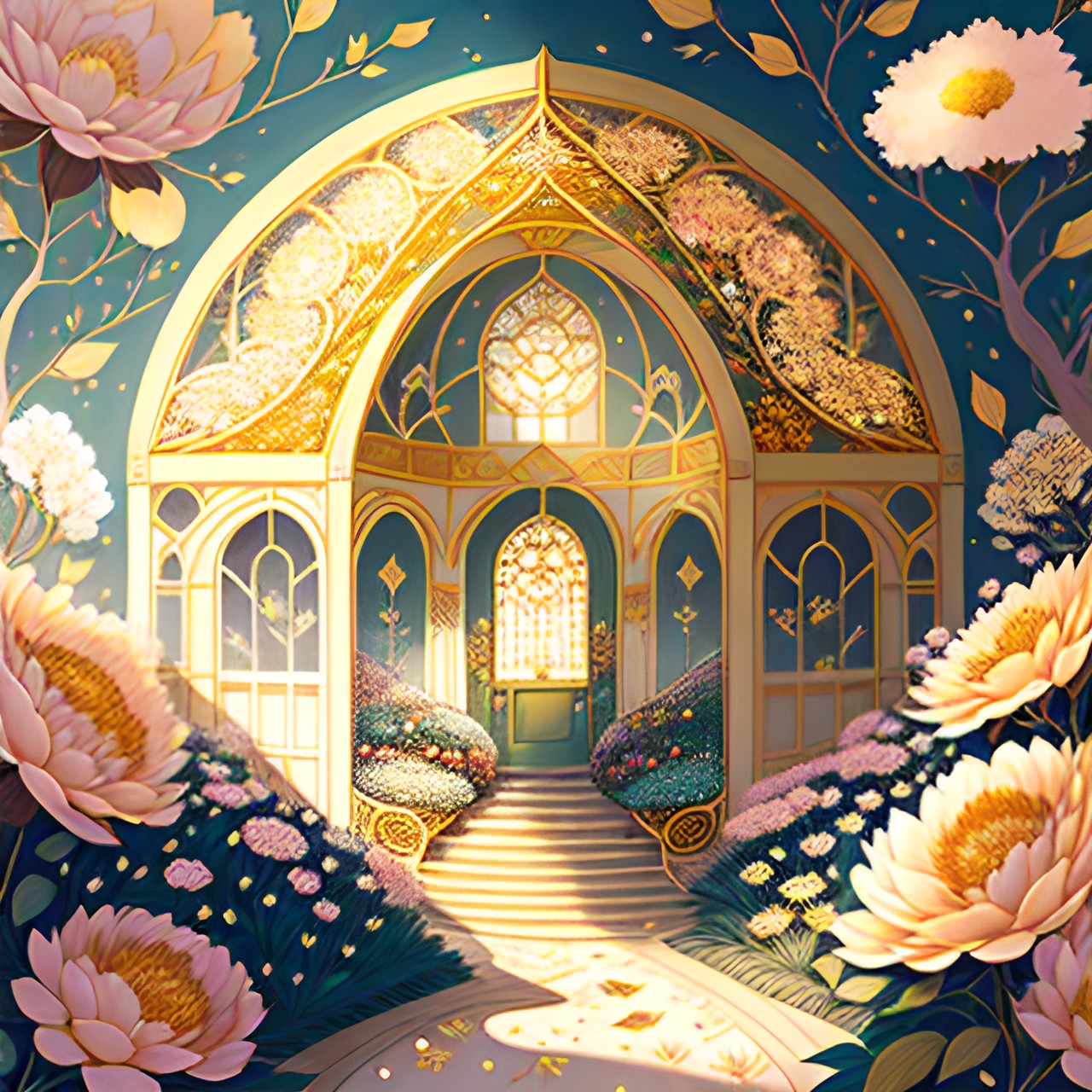 fairy hall, golden aura, flowers, gold leaves, background. peonies, foreground preview