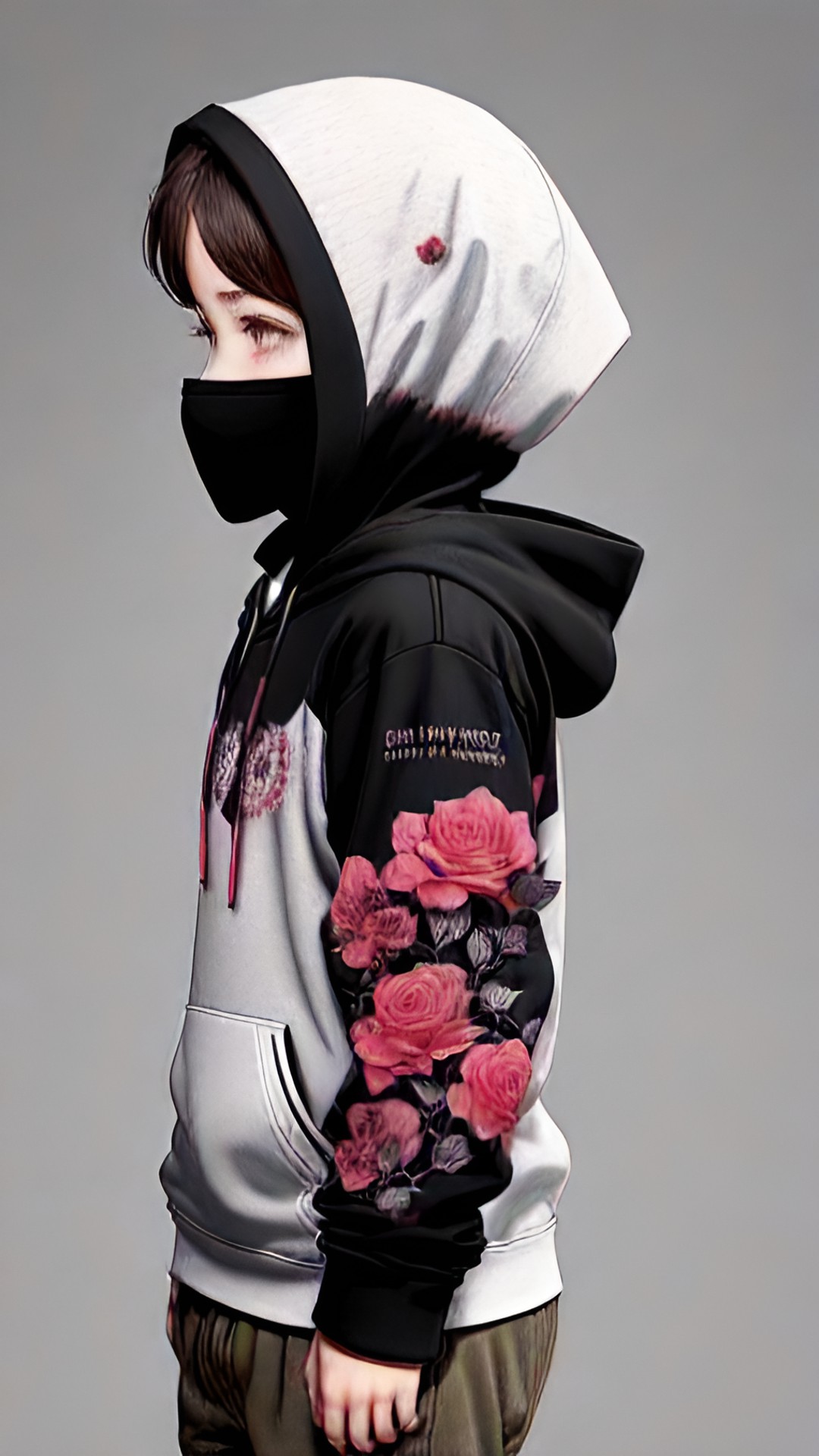 black hoodie mock up 4k realistic with rose stems and thorns printed on the sleeves, close up on the arm sleeves preview