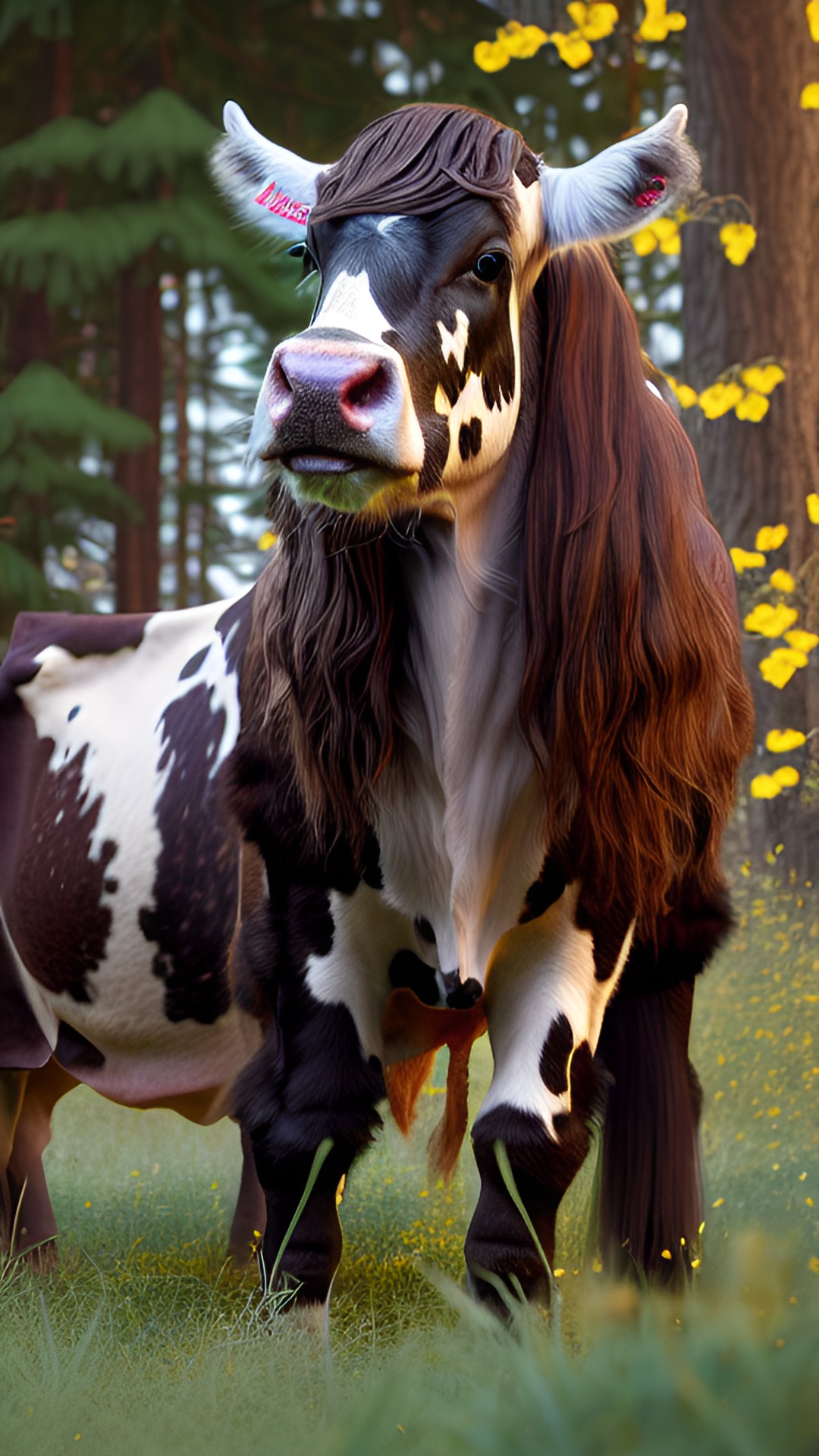 1 woman, solo, mystical, medium build, long hair, brown hair, wide-eyed expression, surprise, cow transformation, cow ears, cow horns, cow hooves, cow tail, cow patterned skin, utters, soft fur on all fours preview