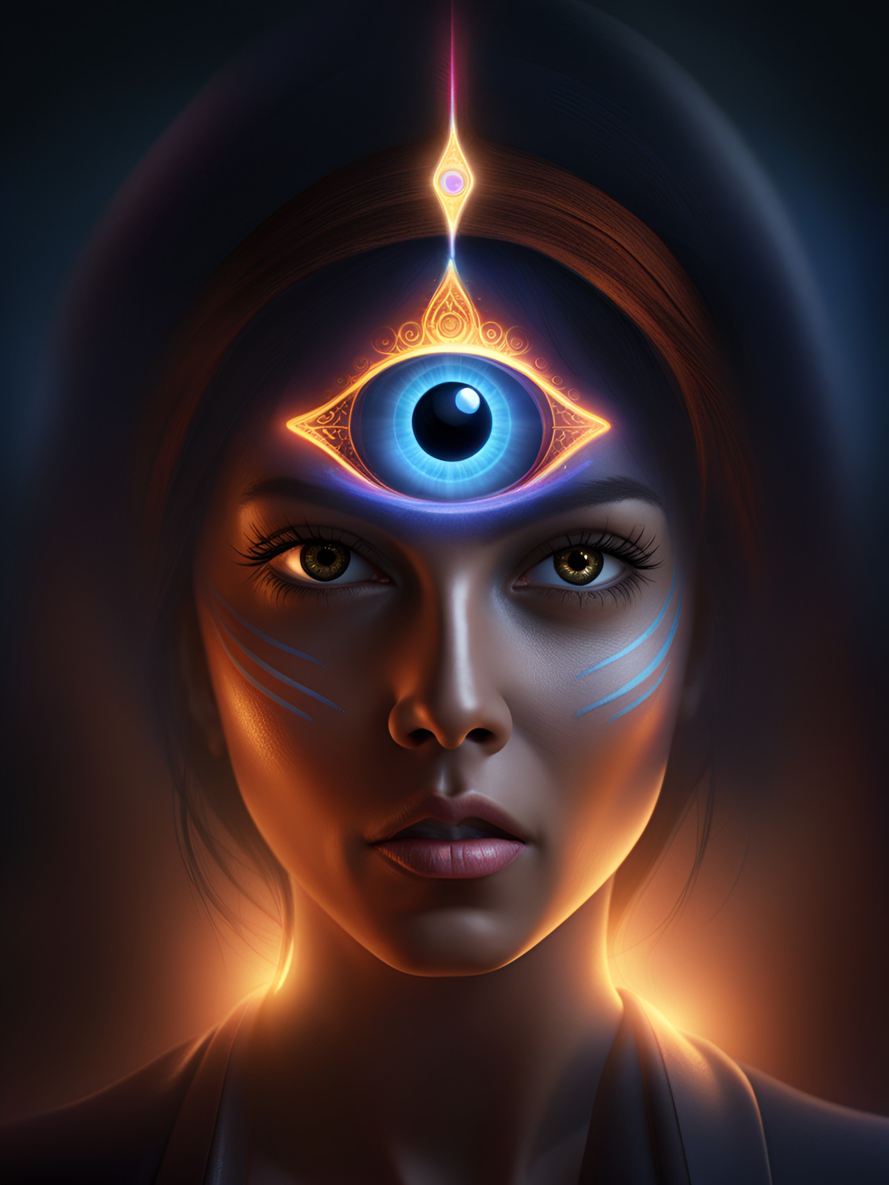 woman, third eye open, realistic, mystical lighting, uhd, 8k preview