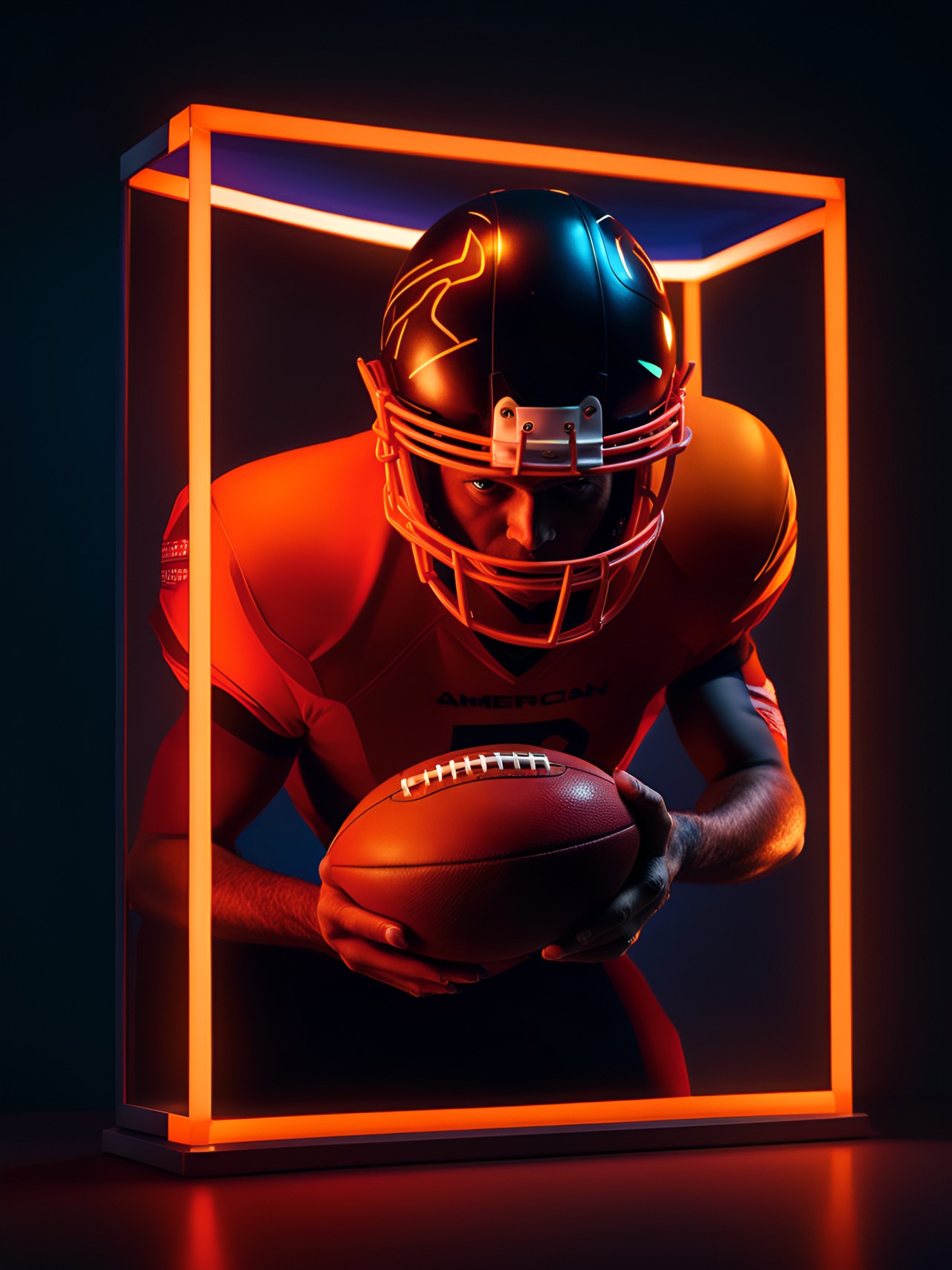 neon portrait, orange frame, man holding an american football, unique, uhd, 8k, high resolution, high quality portrait preview