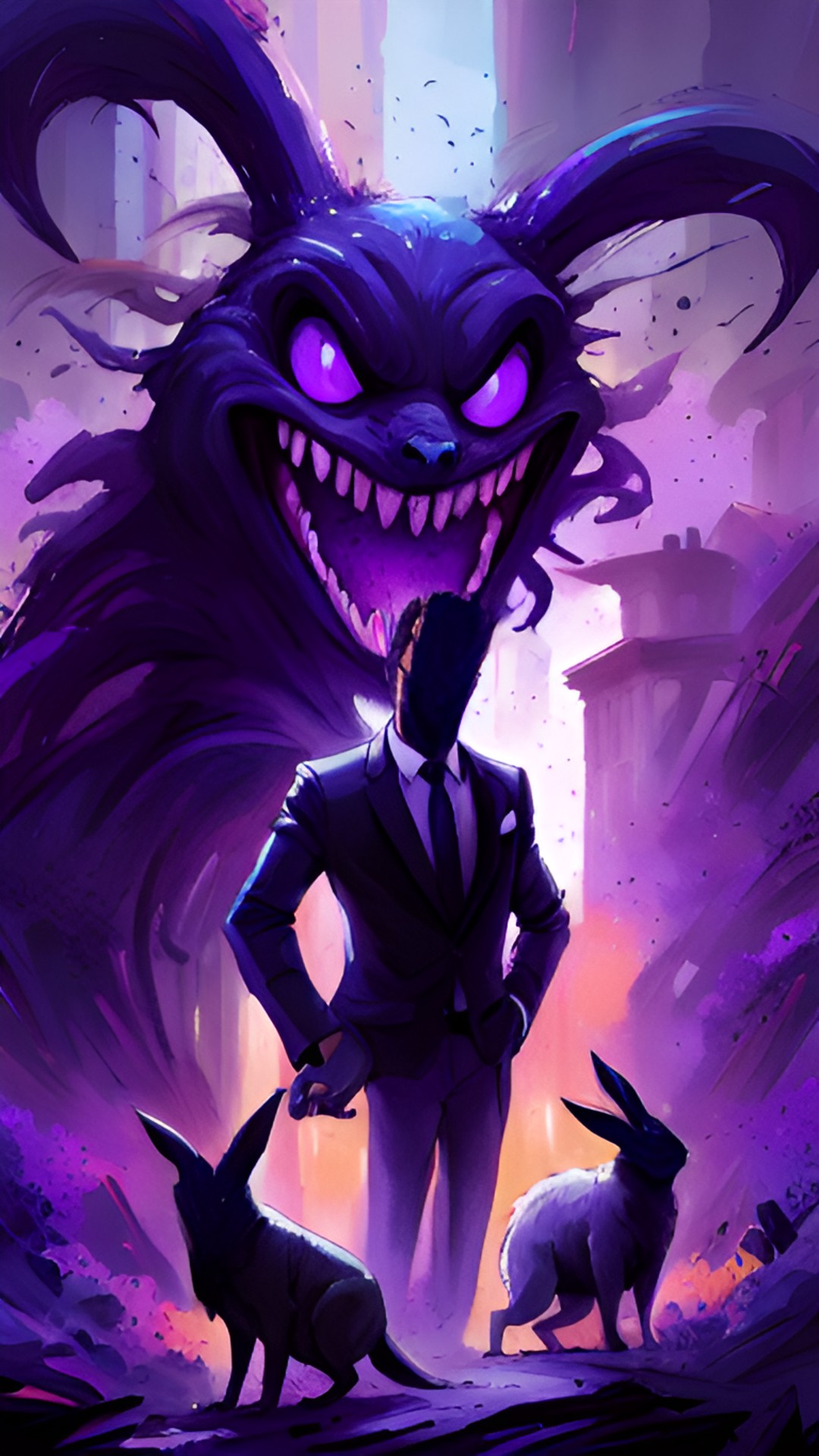 :,> first try - glitch everything in front of man in a suit black rabbit with purple eyes and purple scary smile preview