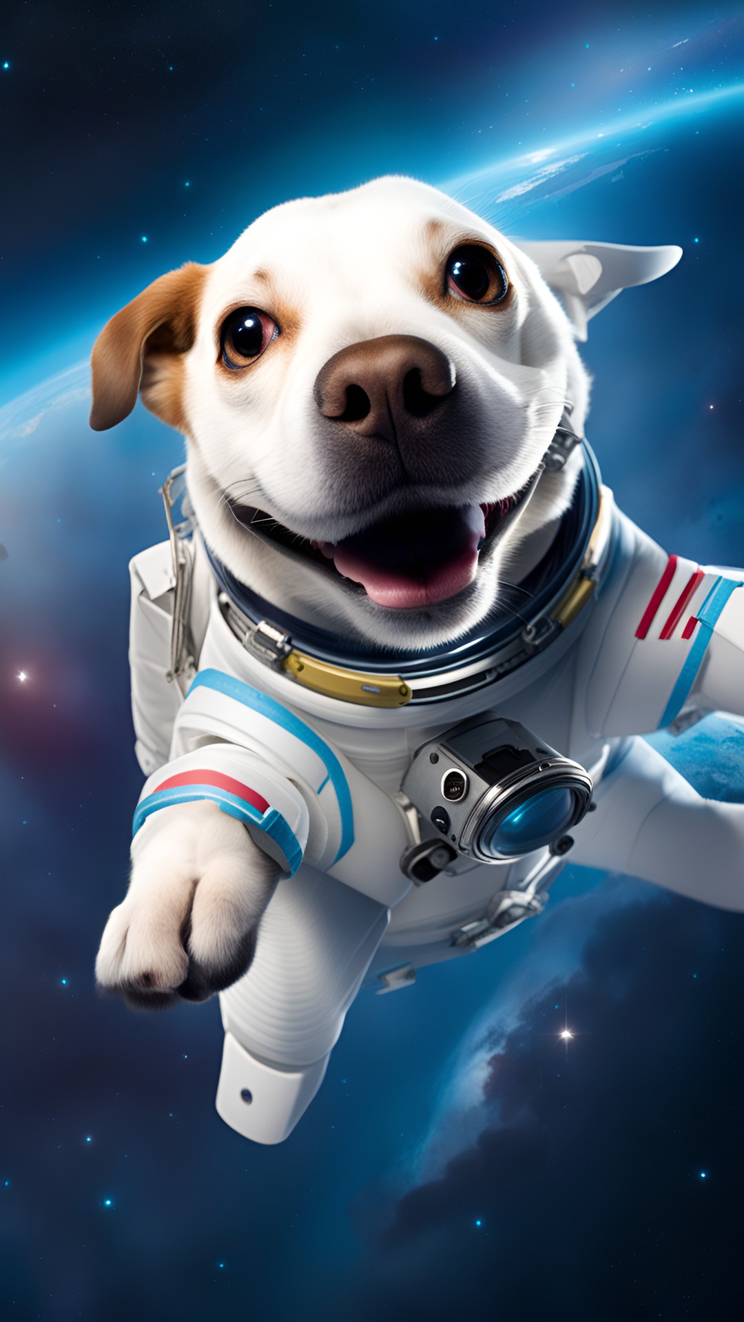 astronaut dog floating through dimensions in space smiling preview