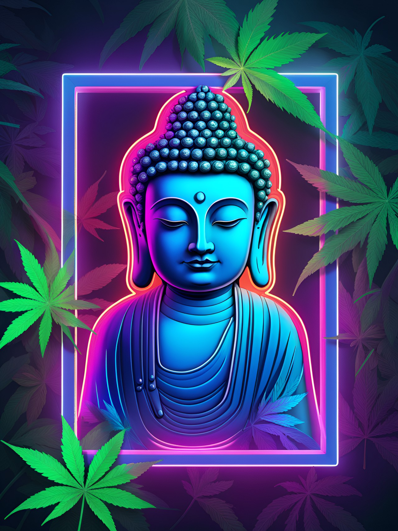 neon cuboid frame, neon portrait of buddha, faded cannabis leaf, uhd, unique, 8k preview