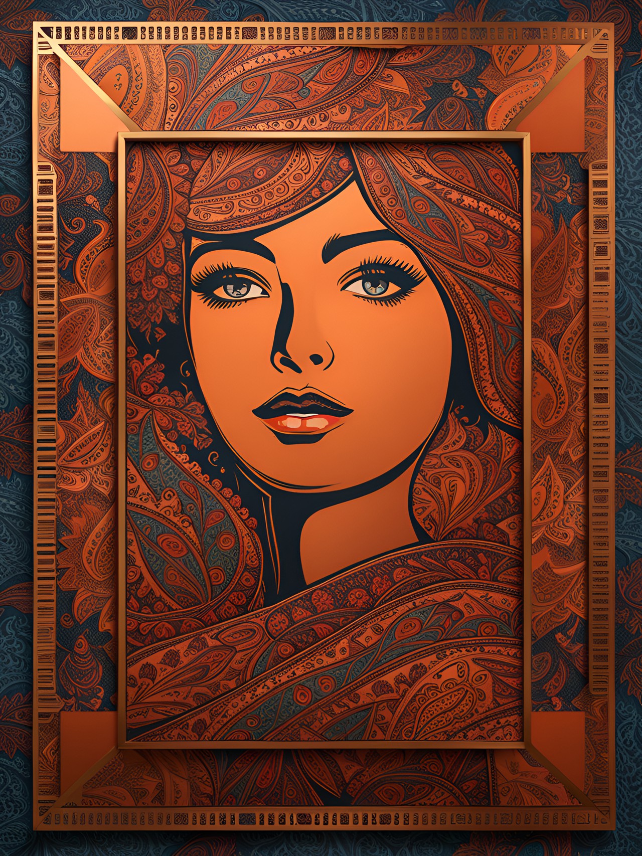 copper cuboid frame, paisley pop art portrait, uhd, unique, 8k preview