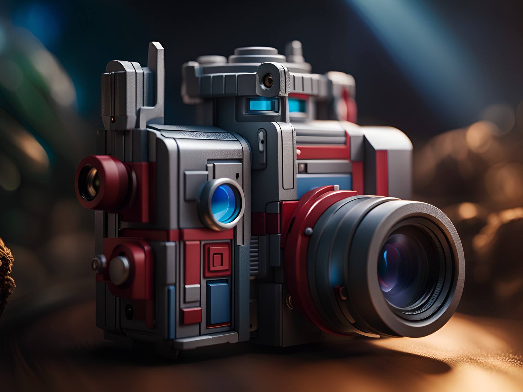 a leica camera in style of transformers (optimus prime). cinematic background preview