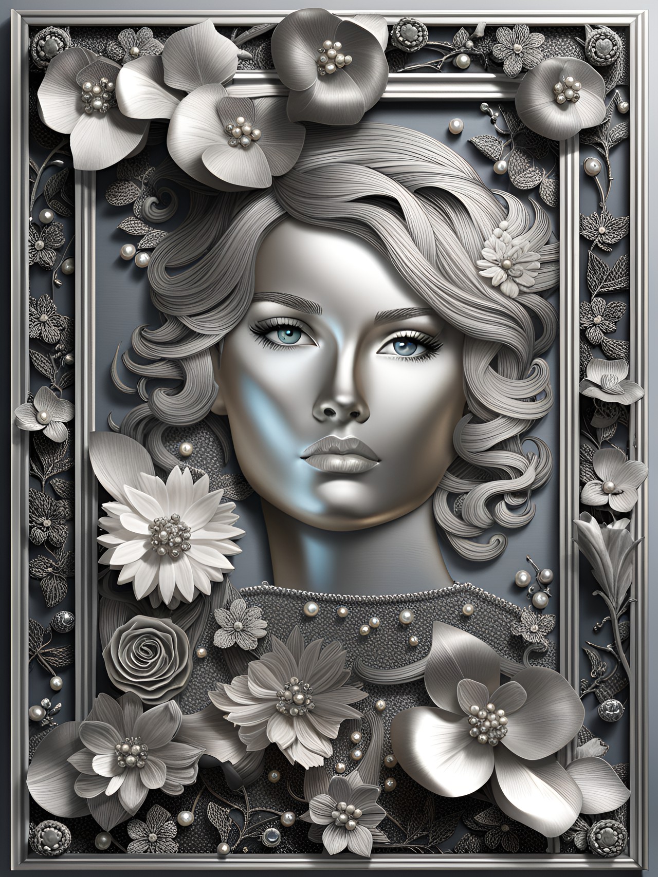 floral frame, pewter and pearl pop art portrait, uhd, unique, 8k preview