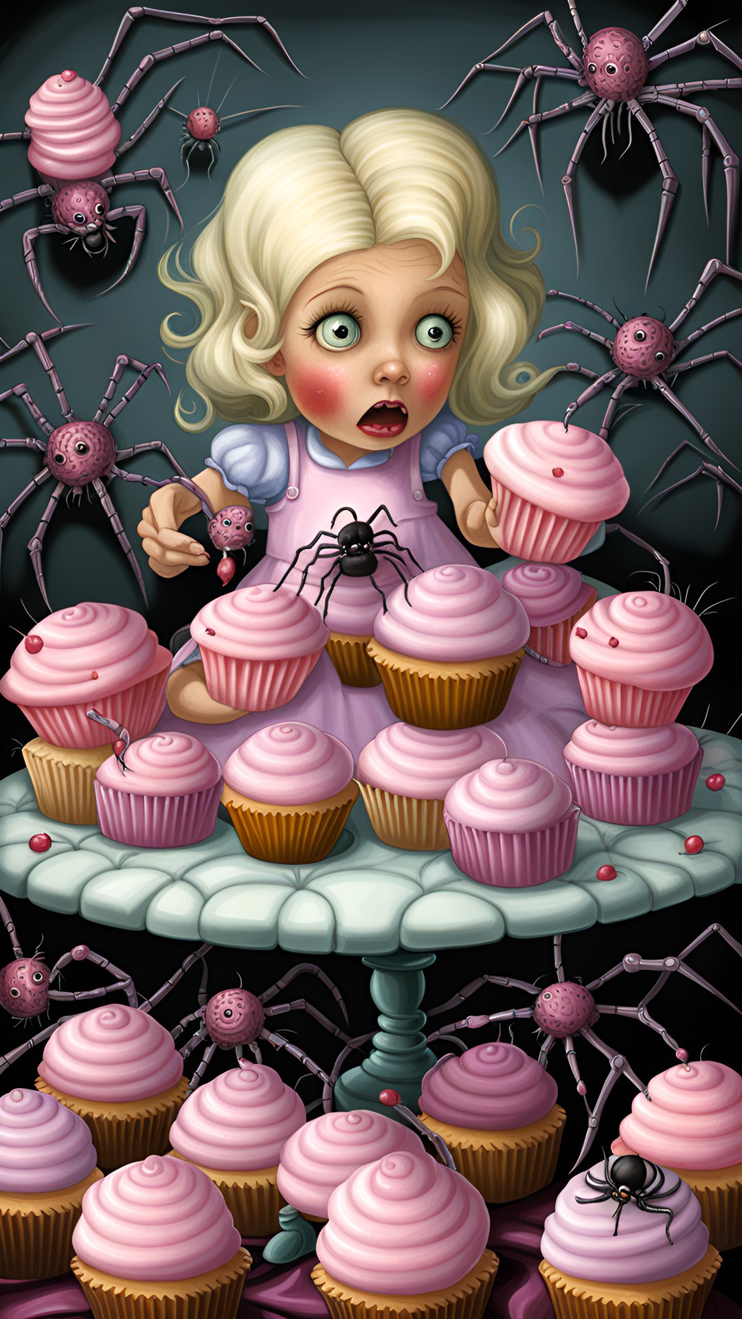 whimsicle, creepy, odd, bold pastels, hyper ultra realistic, intricately detailed, nursery rhyme, little miss muffet sat at her tuffet eating her curds and whey along came a spider that sat down beside her and frightened miss muffet away, there is blood and pink cupcakes everywhere from the spider biting little miss muffet. preview