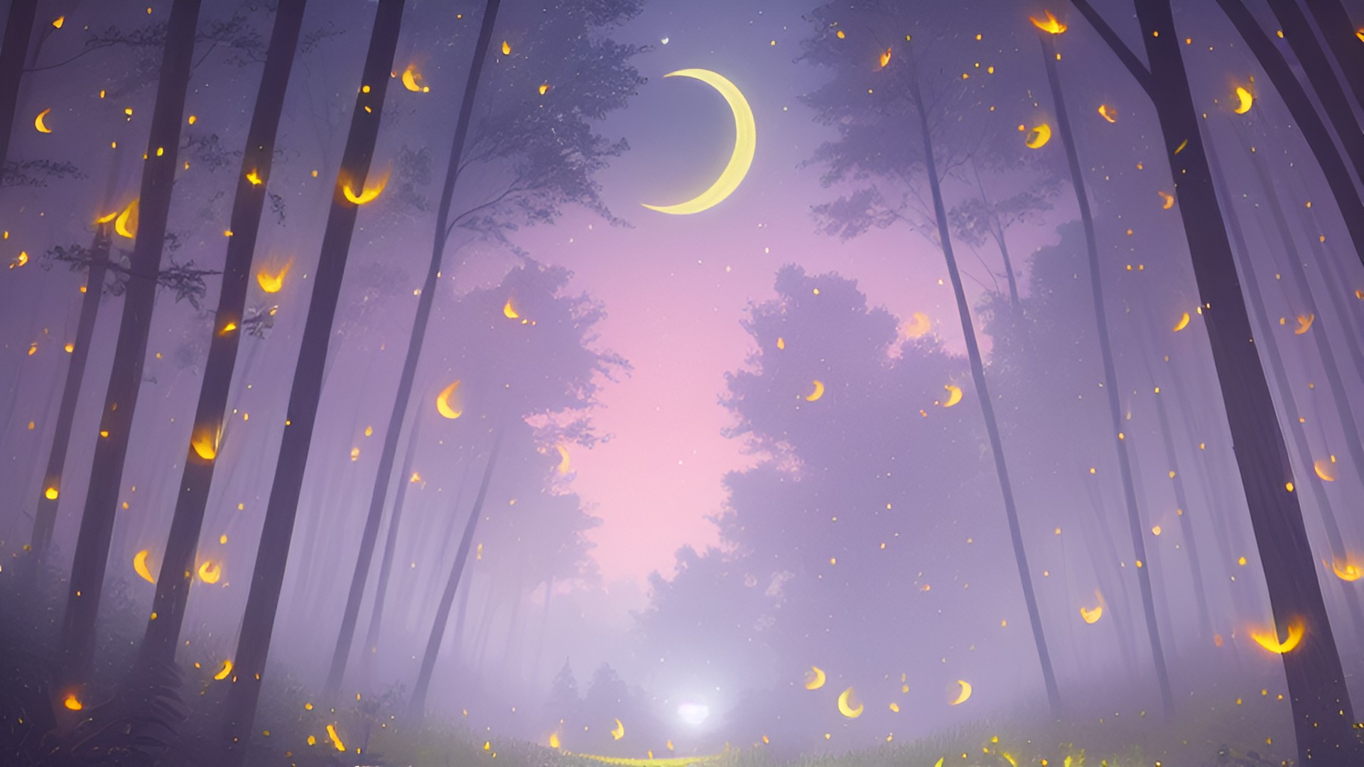 fireflies in a forest clearing. midnight, crescent moon. fantasy. magical. preview