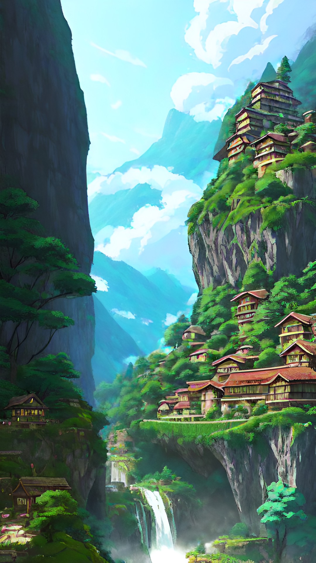 Hidden in mountains⛰️ - hidden village in the mountains - hidden village in the mountains, shrouded in mist and mystery. ancient stone buildings cling to the sides of the cliffs, and a small waterfall tumbles down into a pool mystical mystic mystical preview