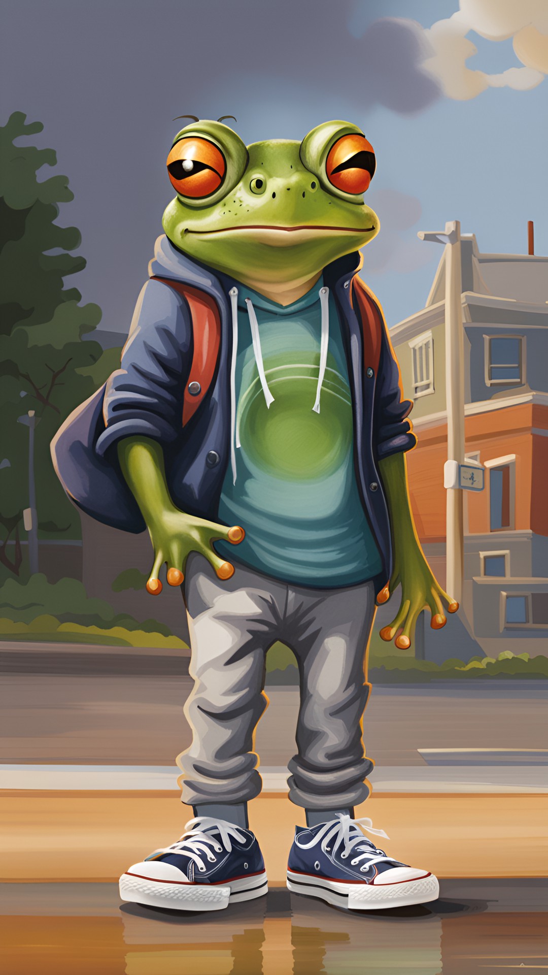 Wednesday, My Dudes - frog in sweatpants, t-shirt, and converse high-tops visiting loveland, ohio preview