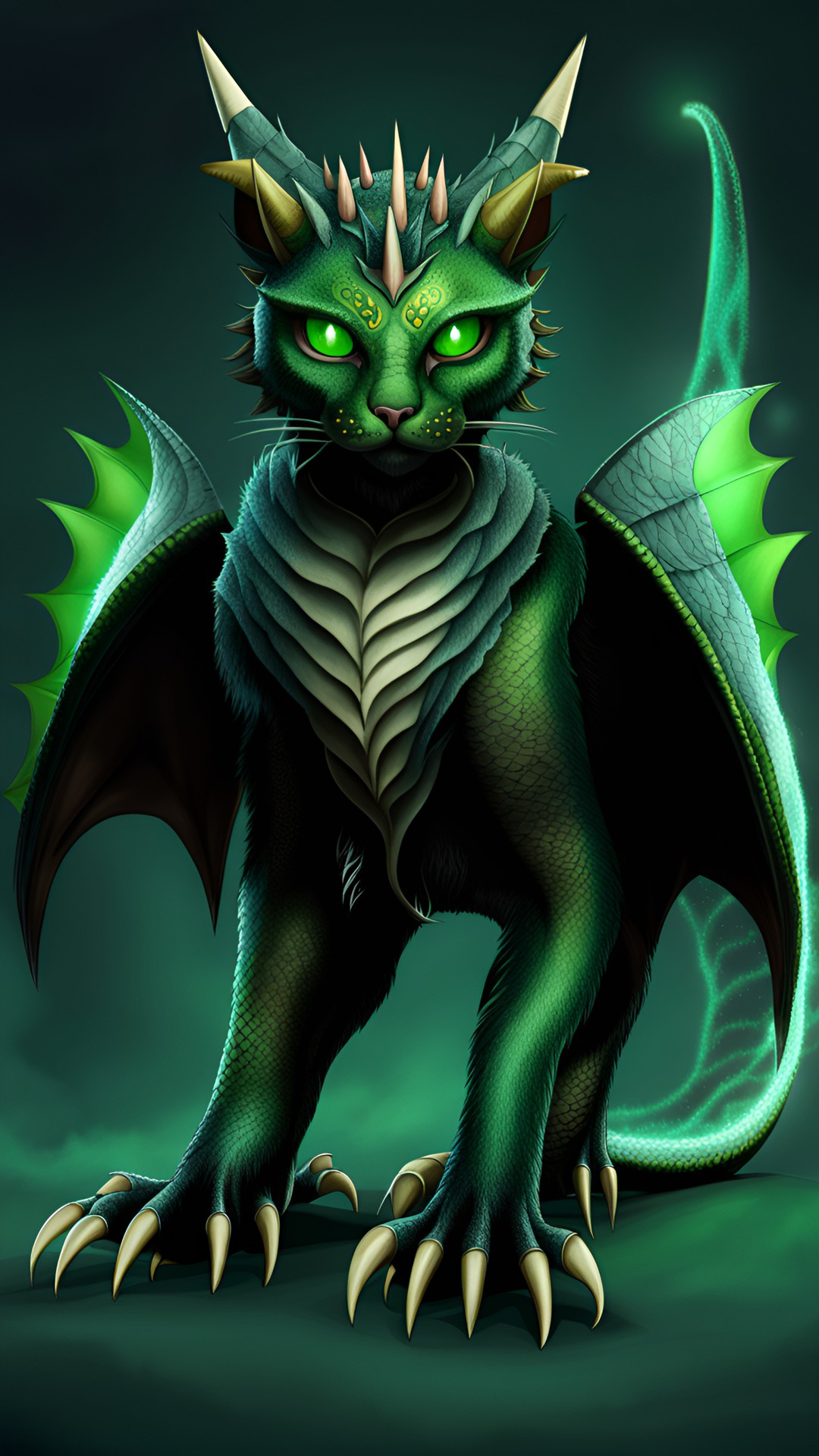 Dragon cat - dragon cat - a dragon cat with large wings and spikes down its back. it has a long tail and sharp claws. its eyes are glowing green and it has a vicious look on its face. preview