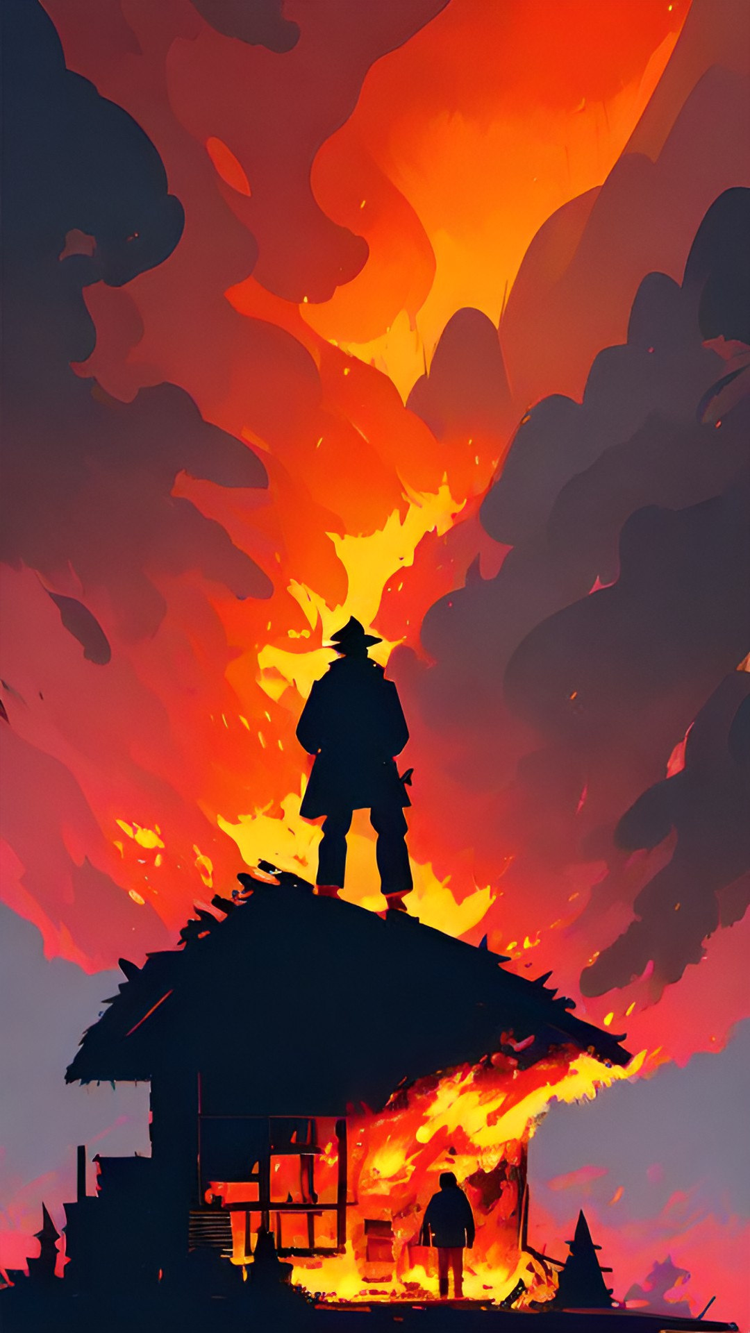 a man is standing in front of a burning cabin, holding a torch in his hand. it is implied that he set the cabin ablaze. the sky is red and gray with the smoke and flame from the cabin preview