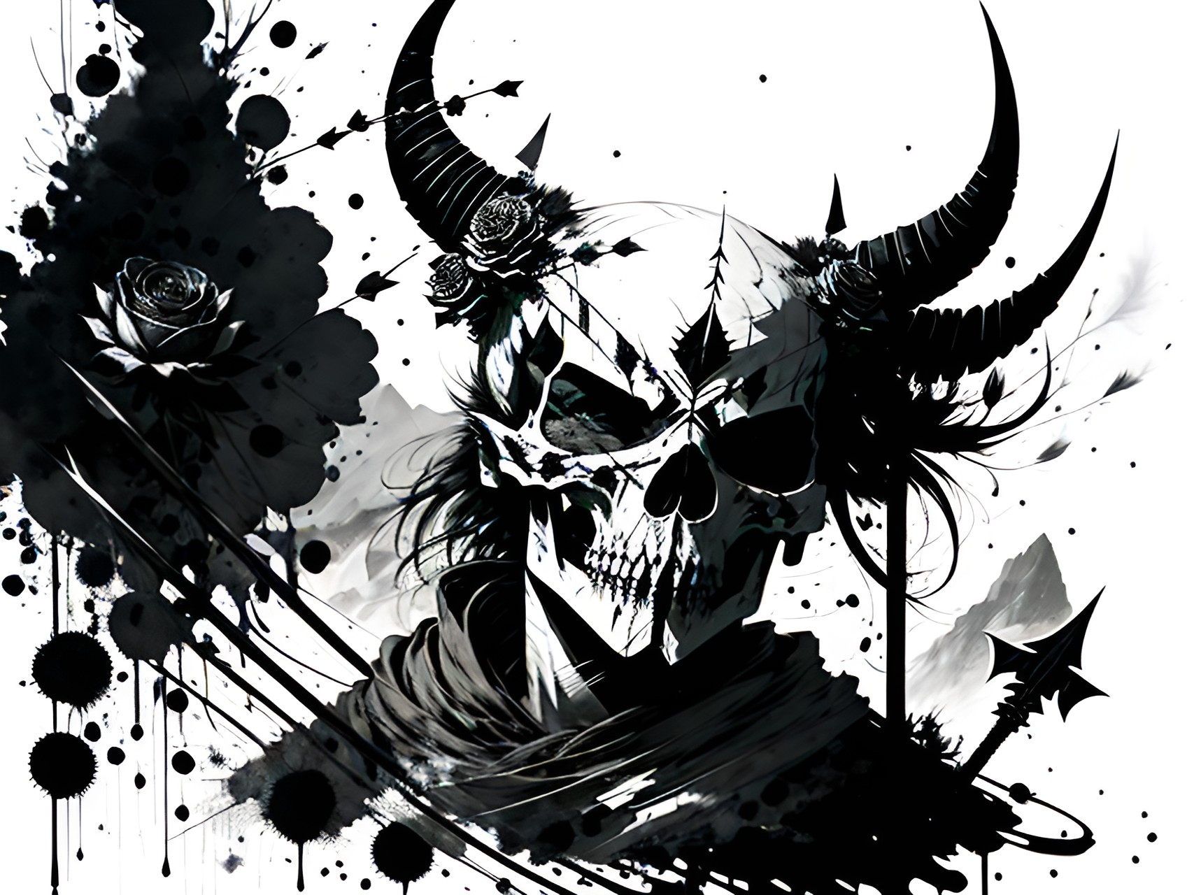 skull,horns, black roses,sword,shield with arrows,rock landscape preview