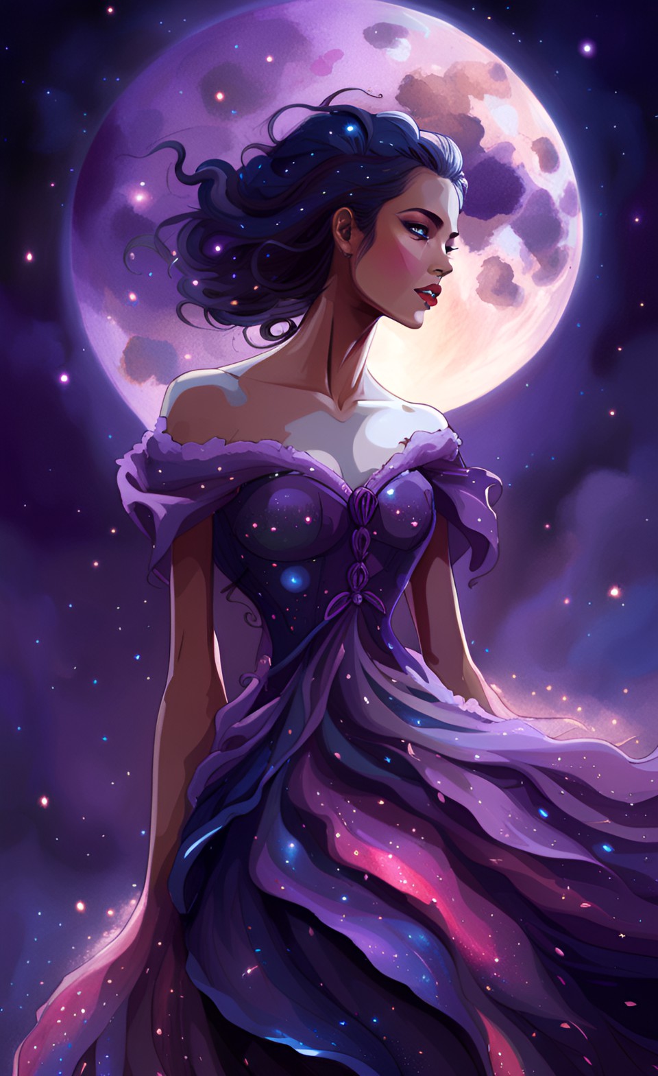 Haute Couture, Rose Petals, Constellation - a stunning haute couture gown adorned with delicate rose petals, set against a mesmerizing backdrop of a constellation-filled night sky. bold purple lighting, soft and celestial preview